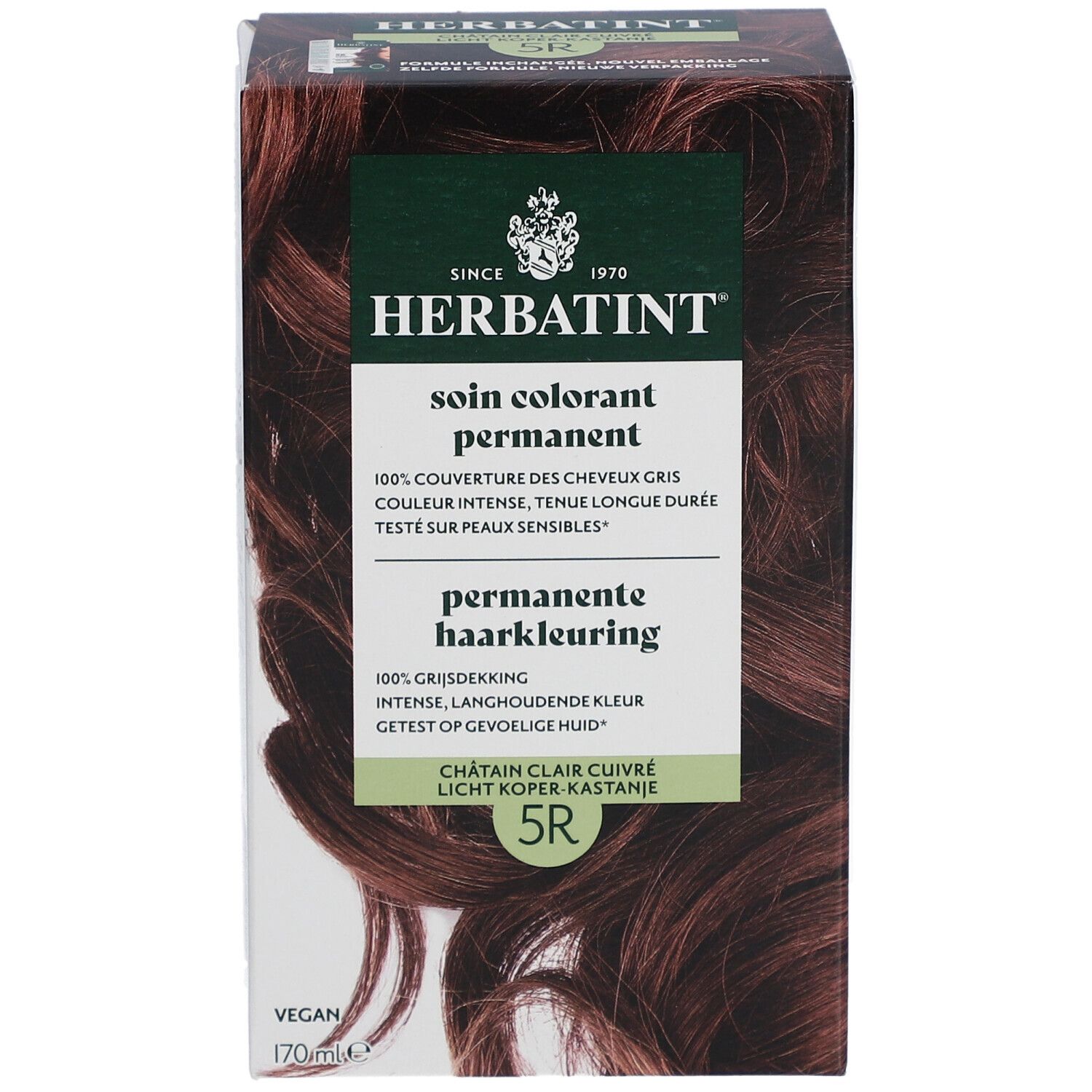 Herbatint 5R, châtain clair cuivré. Face avant avec visuel du produit.