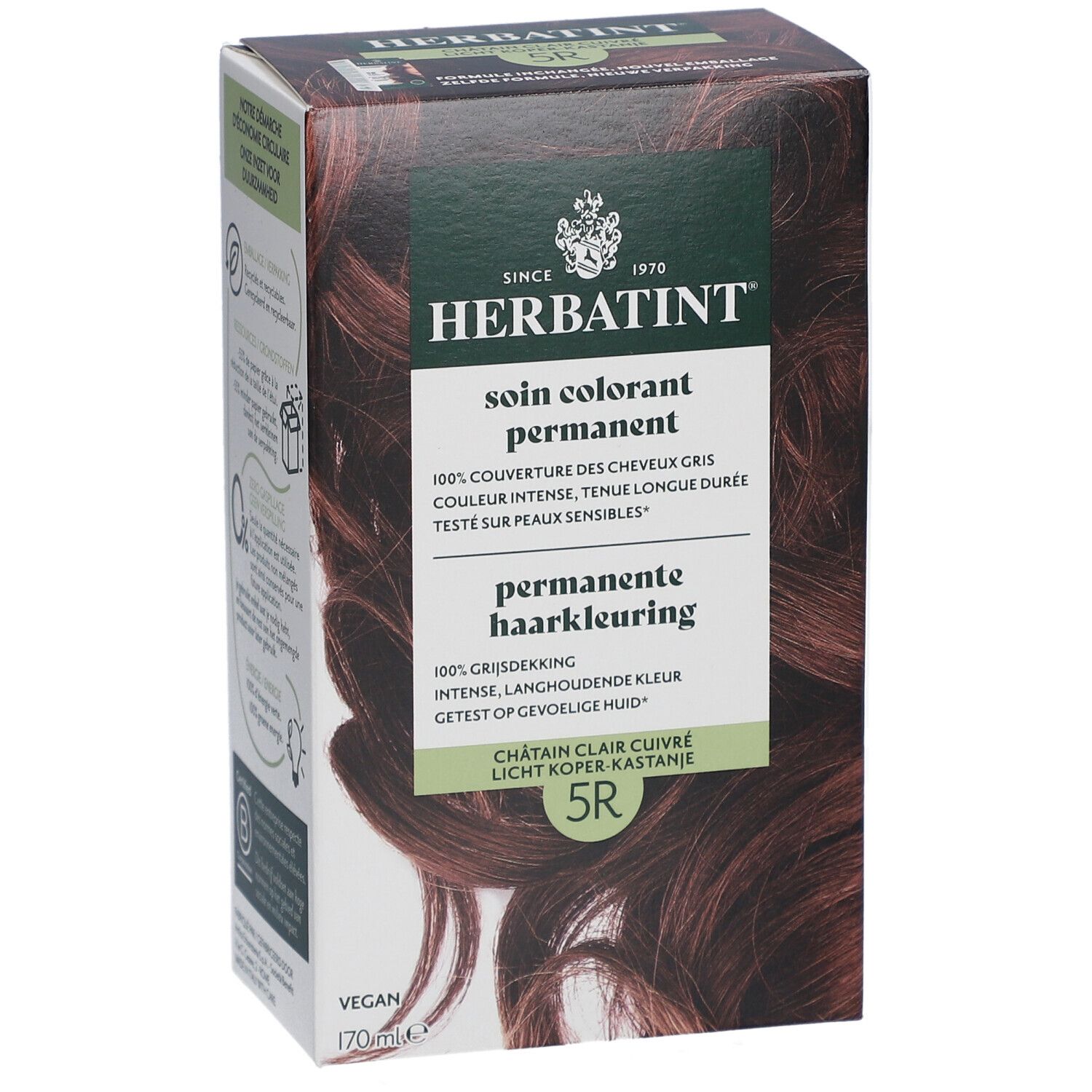 Herbatint 5R, châtain clair cuivré. Face avant avec visuel du produit.
