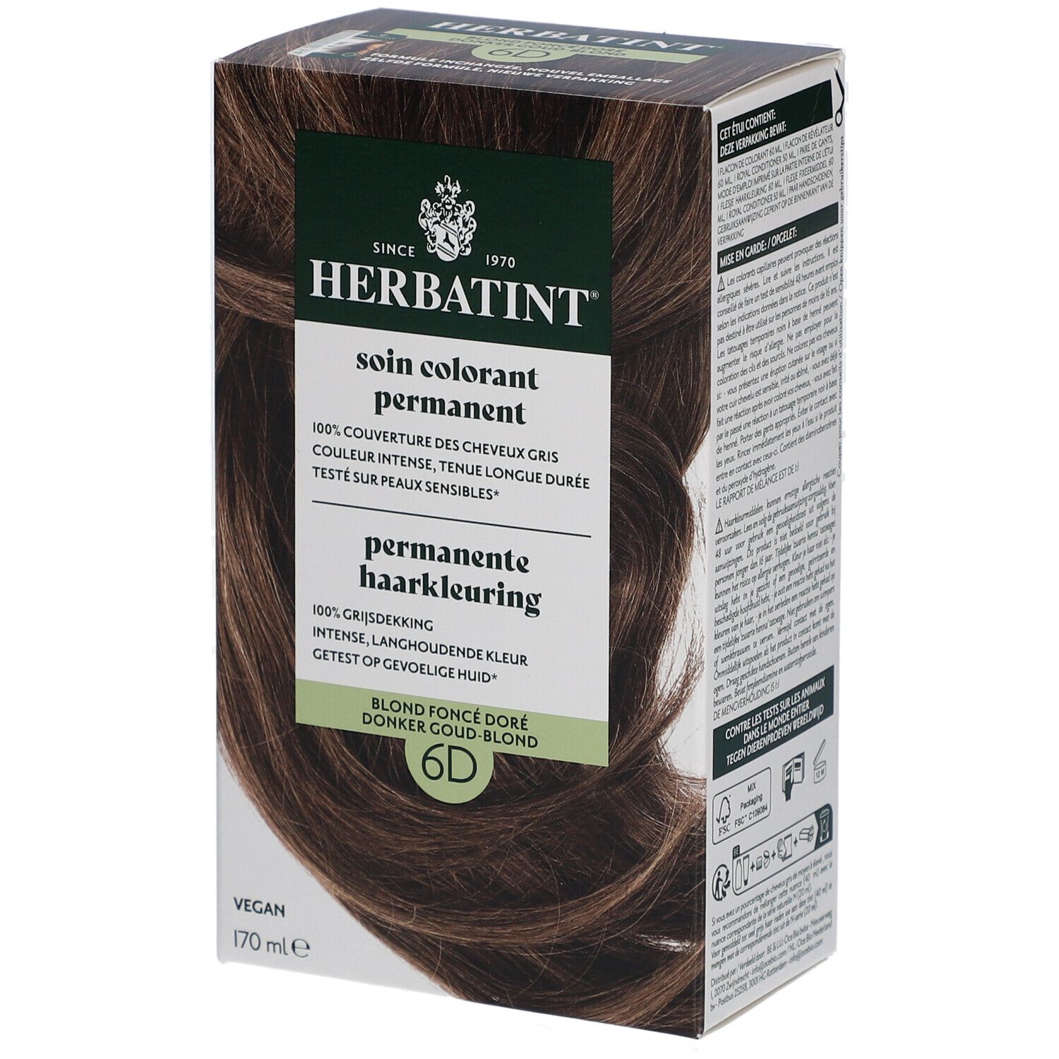 Herbatint 6D Blond foncé doré. Coloration permanente en boîte. Vegan, 170 ml.