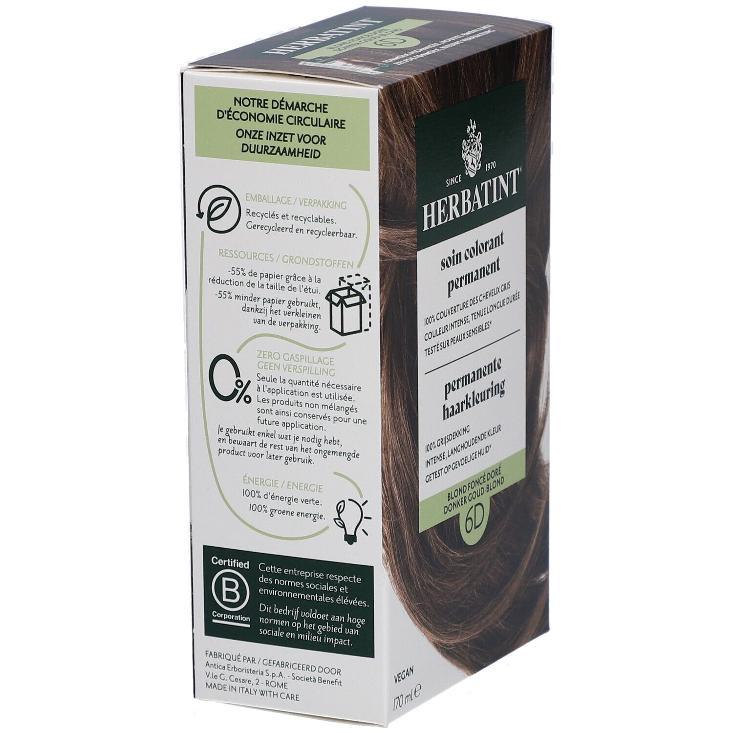 Dos de l'emballage Herbatint. Informations sur le recyclage et la durabilité. Certification B Corp.