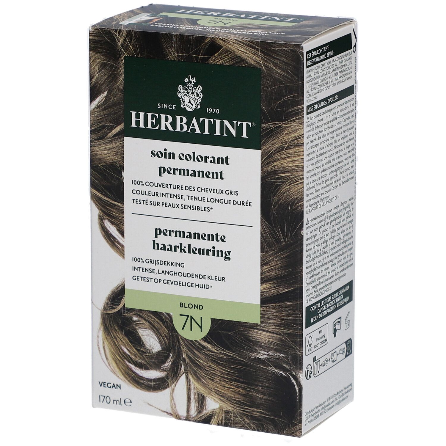 Herbatint 7N Blond. Boîte de coloration permanente. Ingrédients, informations produit. Vegan, 170 ml.