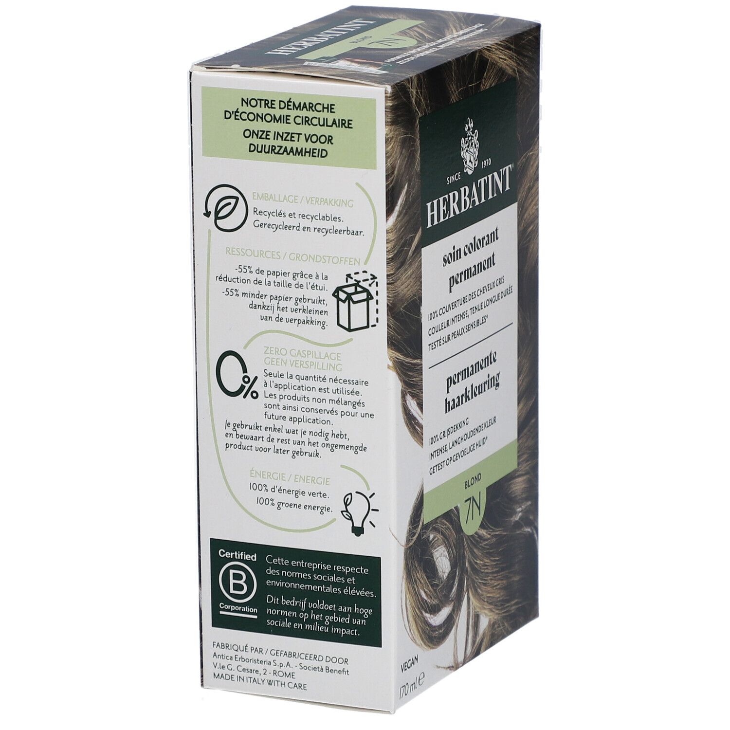 Boîte Herbatint. Vue latérale avec texte sur durabilité et certification. Vegan.