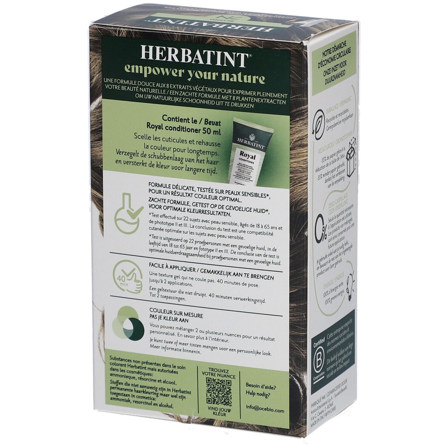 Boîte Herbatint. Arrière avec informations produit et ingrédients. Vegan.