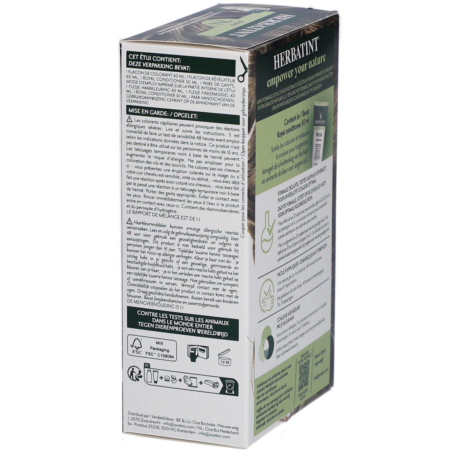 Boîte Herbatint. Vue latérale avec informations produit et ingrédients. Vegan.