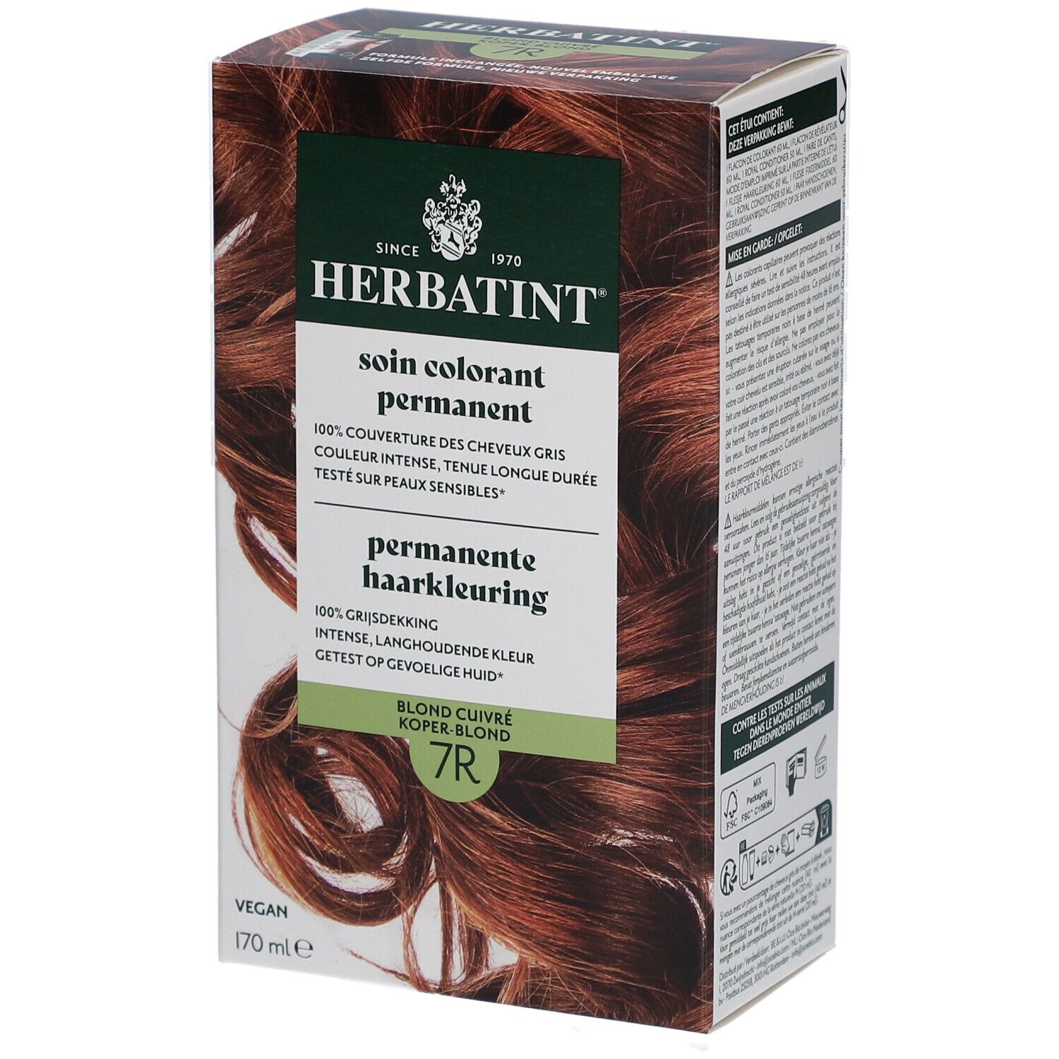 Herbatint 7R Blond cuivré. Coloration permanente en boîte. Vegan. 170 ml.