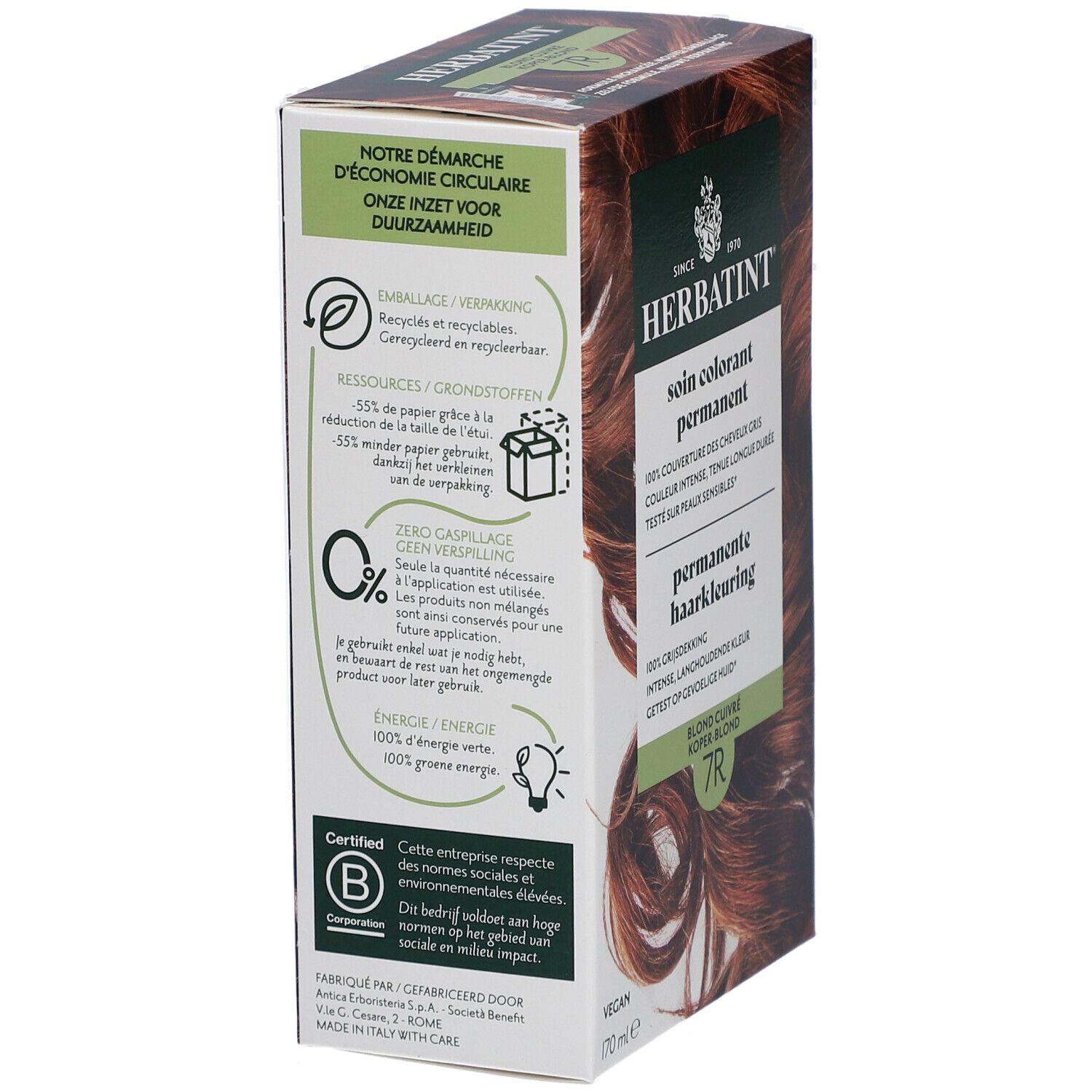 Emballage Herbatint. Informations sur le recyclage et la durabilité. Certification B Corp.