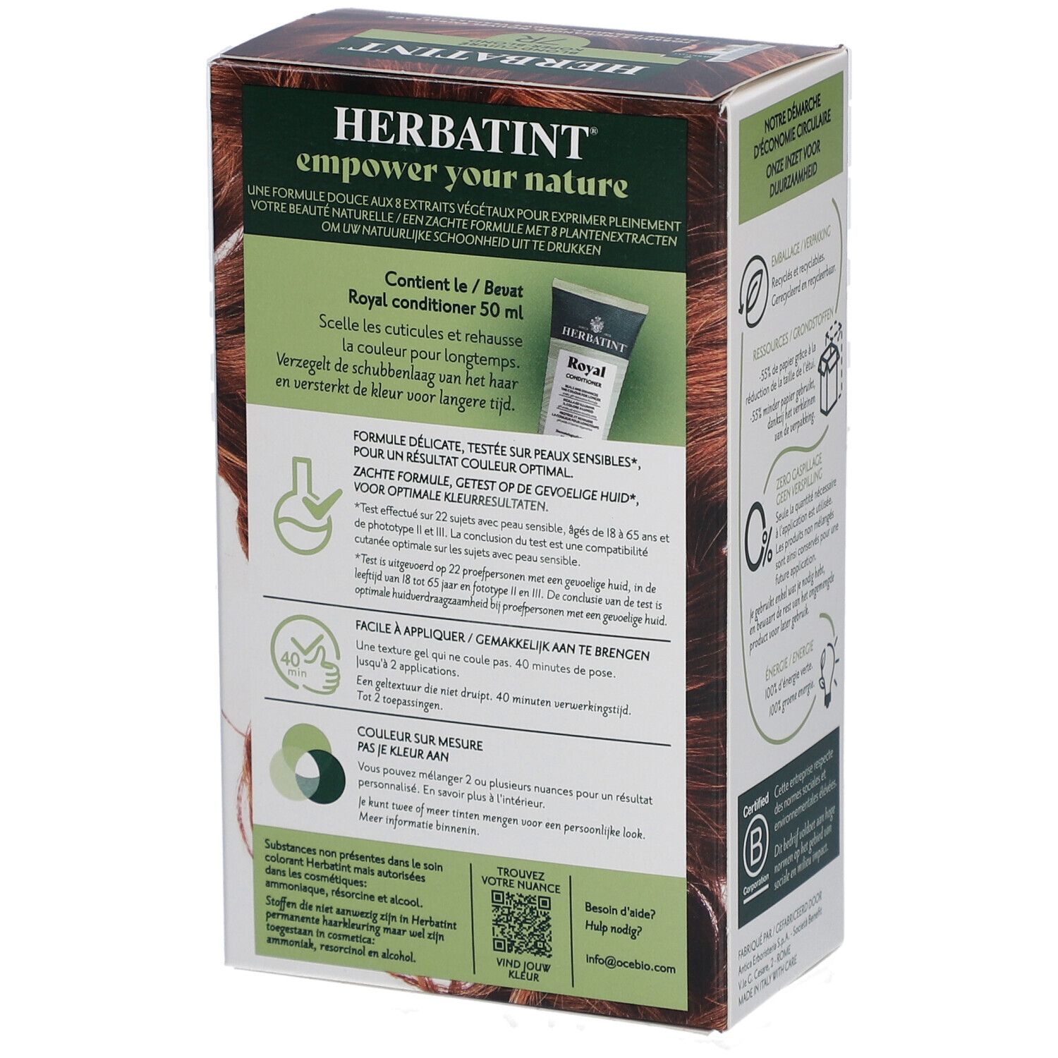 Dos de l'emballage Herbatint. Contient Royal Conditioner. Formule douce pour peaux sensibles.