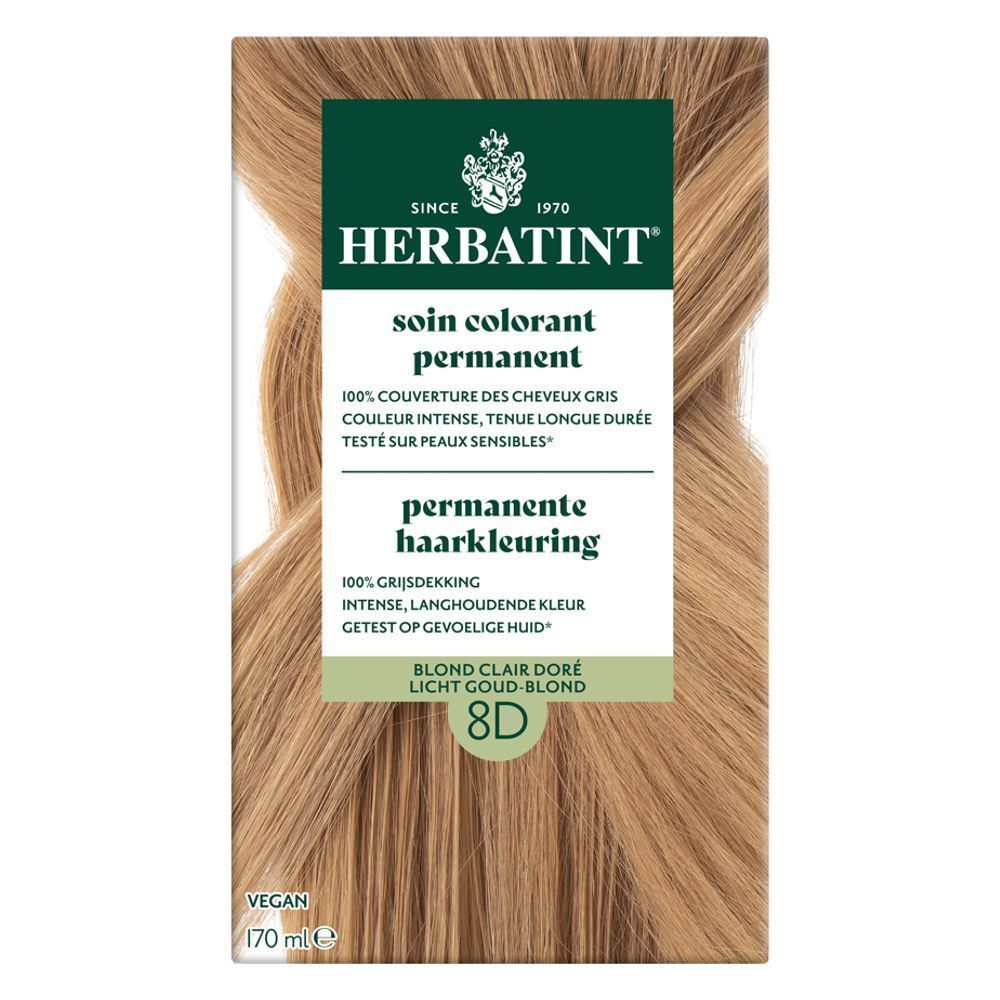 Herbatint 8D Blond Clair Doré. Coloration permanente. Boîte avec image du produit et texte.