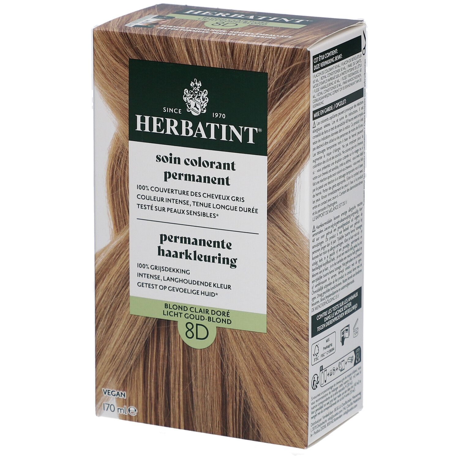 Herbatint 8D Blond Clair Doré. Coloration permanente. Boîte avec image du produit et texte.