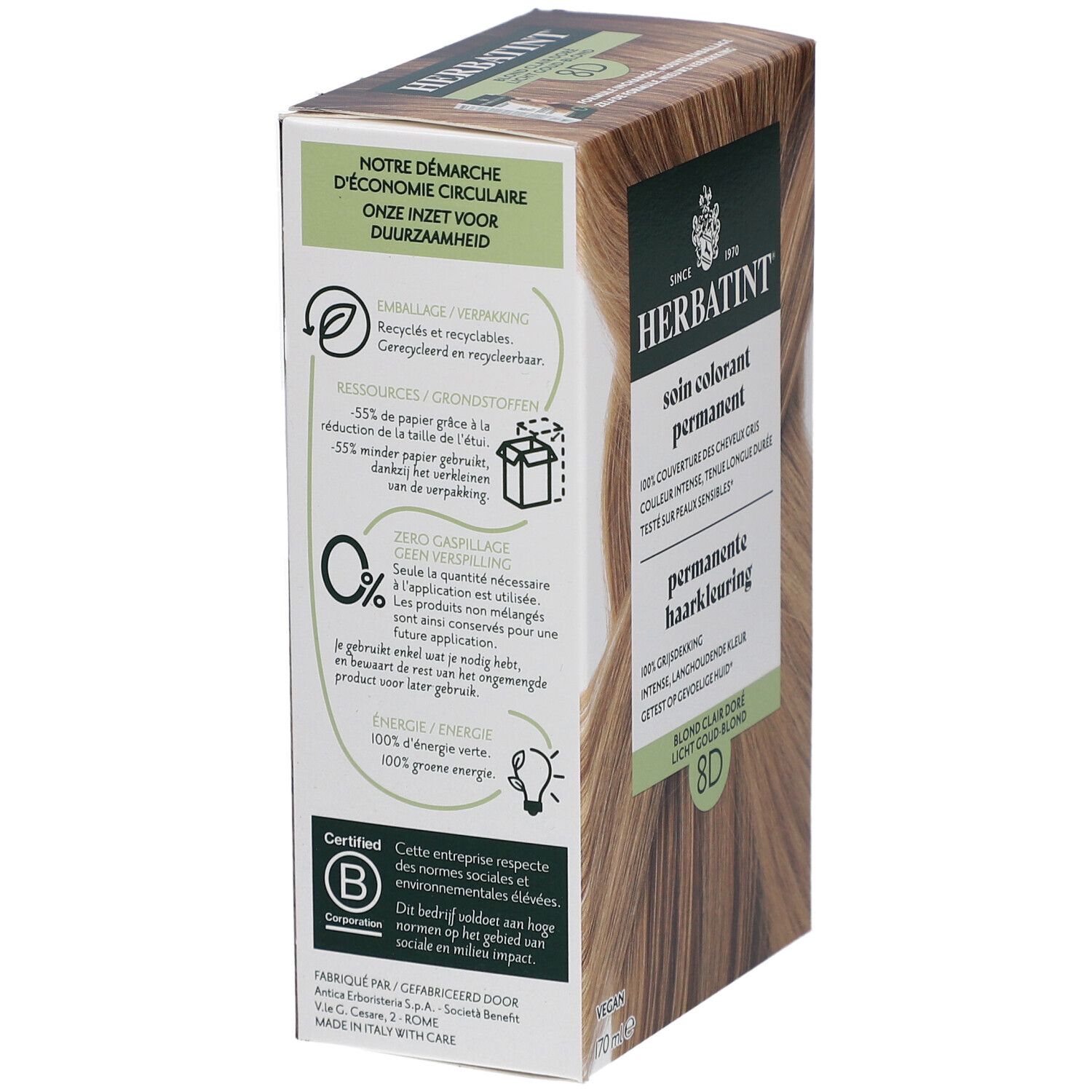 Dos de la boîte Herbatint. Texte sur la durabilité et les ingrédients. Certification B Corp.