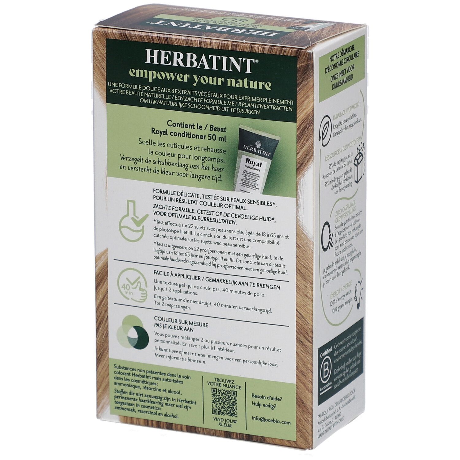 Dos de la boîte Herbatint. Texte sur les ingrédients et l'utilisation. Certification B Corp.