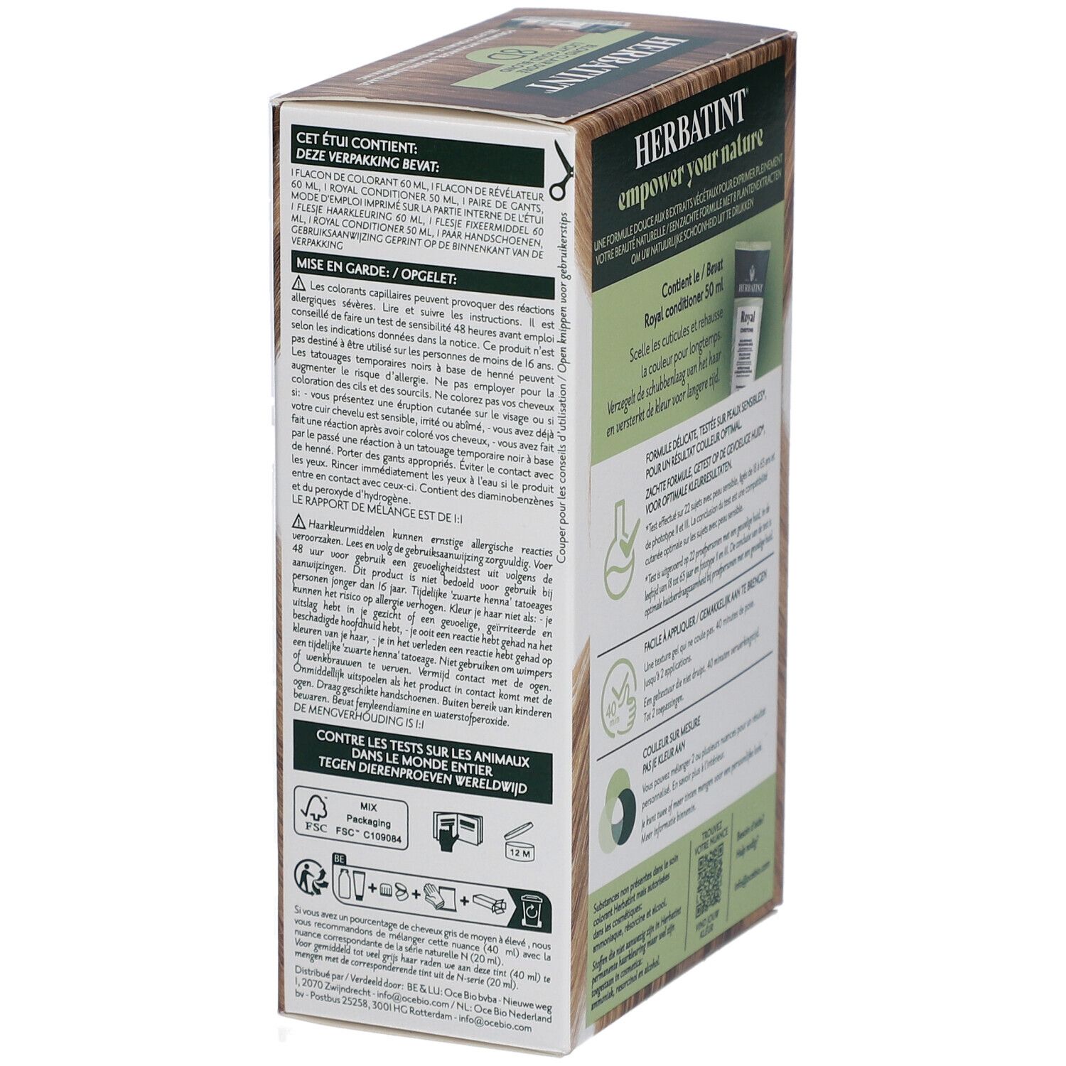 Dos de la boîte Herbatint. Texte sur les ingrédients et l'utilisation. Certification FSC.