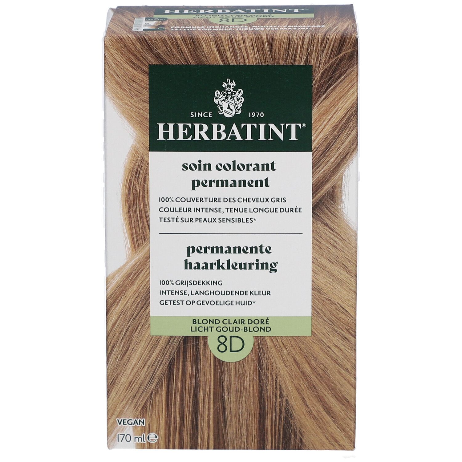 Herbatint 8D Blond Clair Doré. Coloration permanente. Boîte avec image du produit et texte.