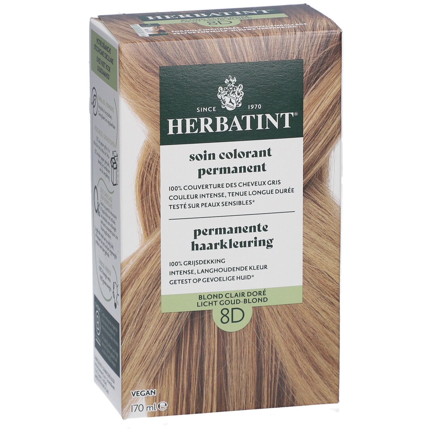 Herbatint 8D Blond Clair Doré. Coloration permanente. Boîte avec image du produit et texte.