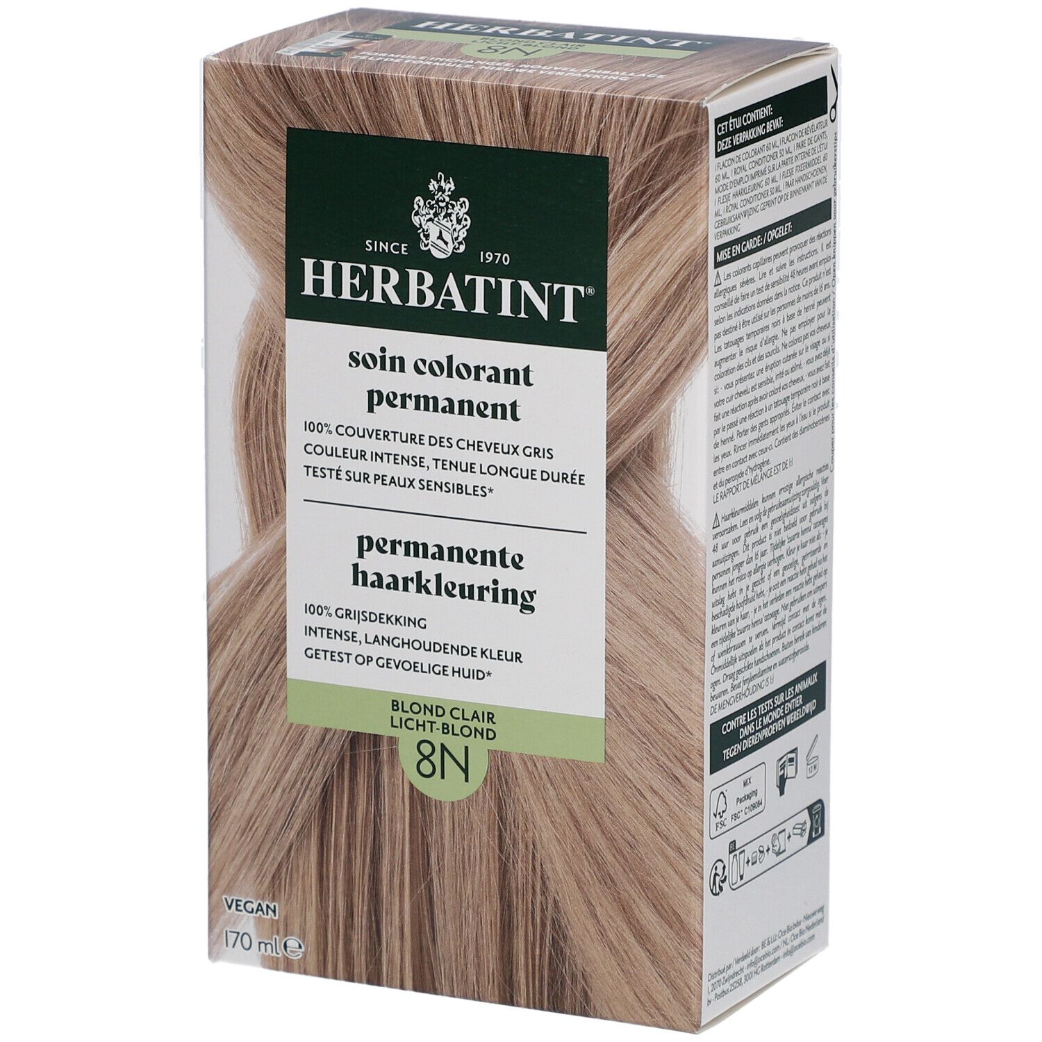 Herbatint 8N Blond Clair. Kartonverpackung mit Produktinformationen und Haarsträhne.