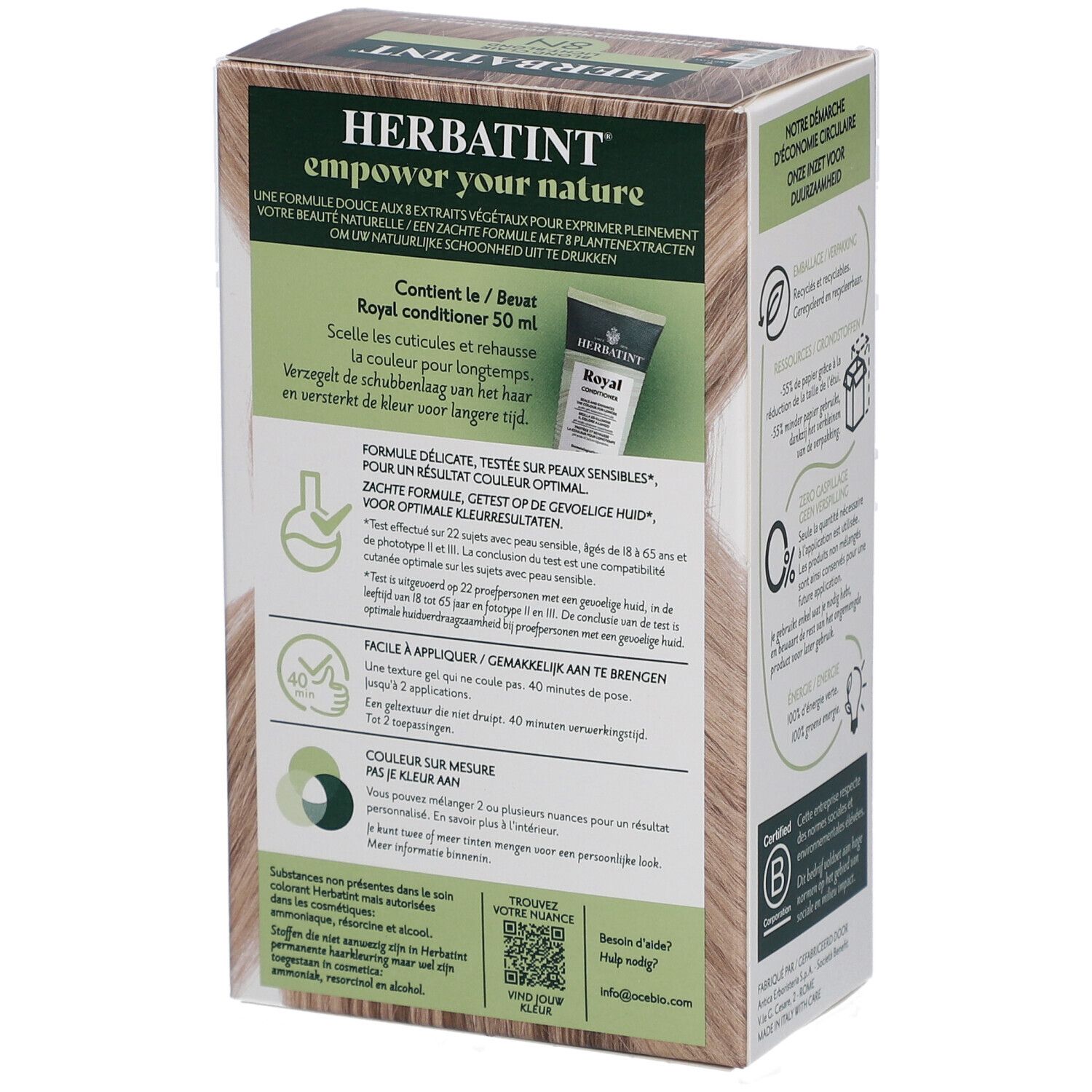 Herbatint-Verpackung. Informationen zu Inhaltsstoffen und Anwendung.