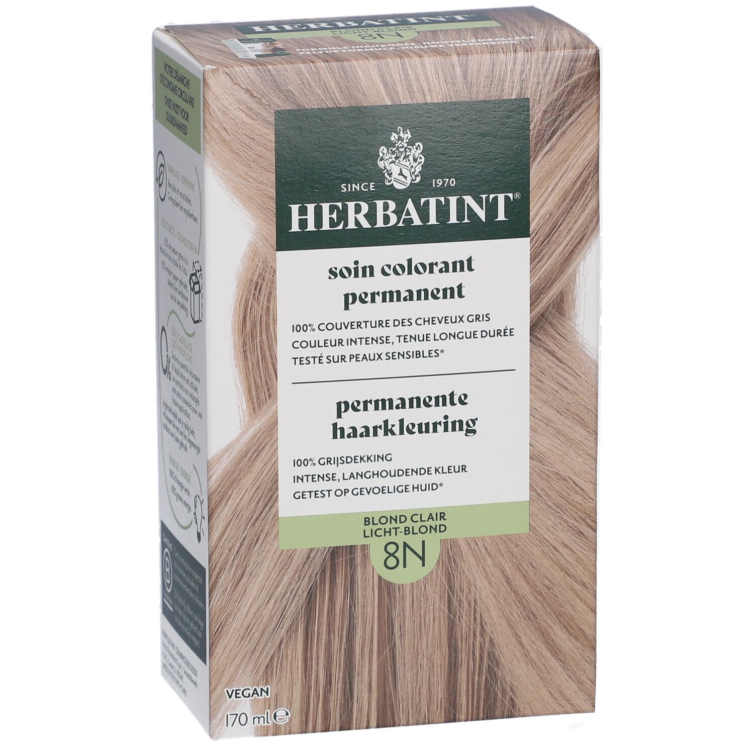 Herbatint 8N Blond Clair. Kartonverpackung mit Produktinformationen und Haarsträhne.