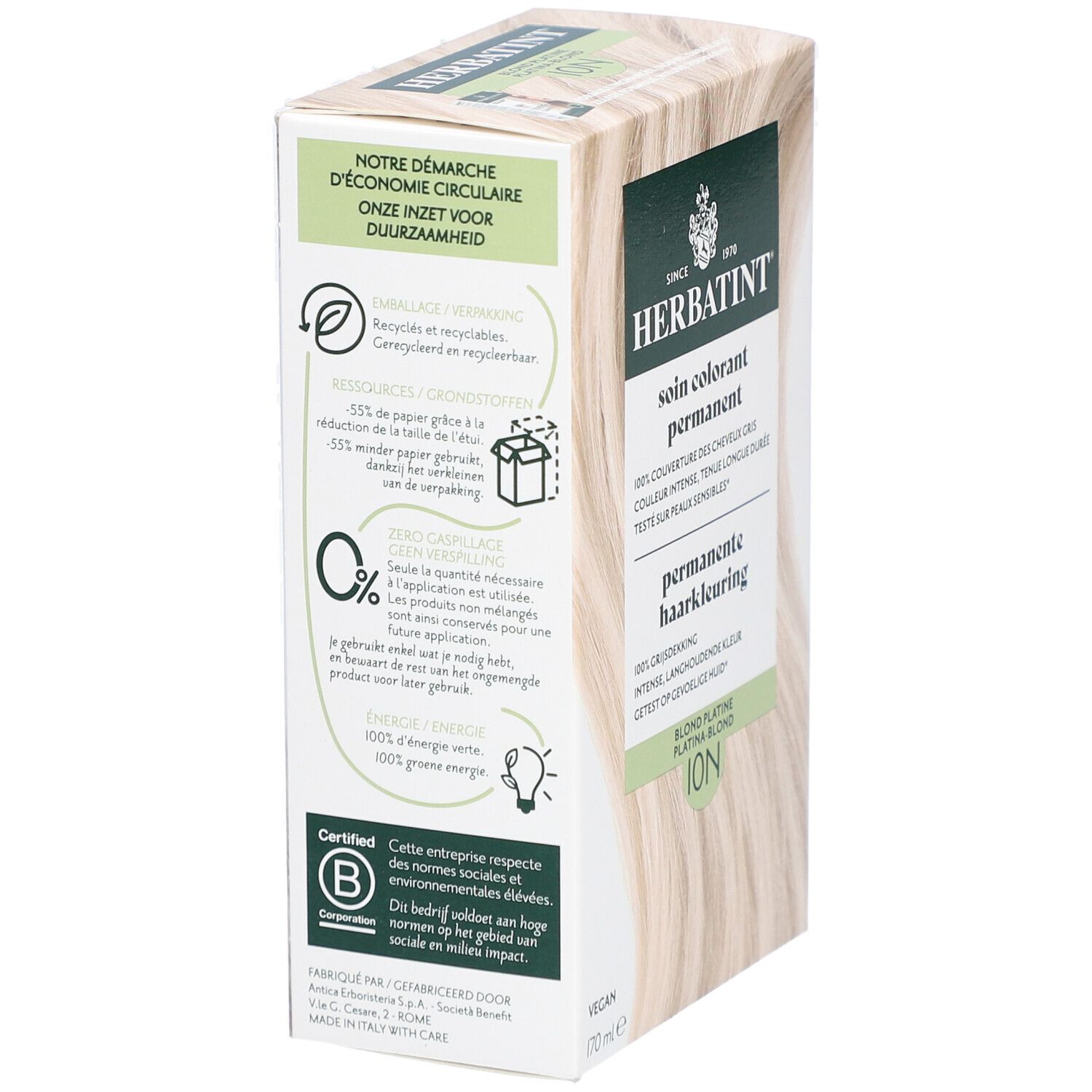 Dos de la boîte Herbatint. Informations sur le recyclage, l'énergie et la durabilité. Certification B Corp.