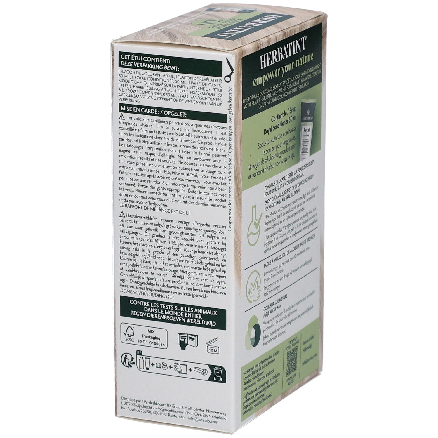 Boîte Herbatint. Informations et avertissements. Ingrédients et instructions d'utilisation.