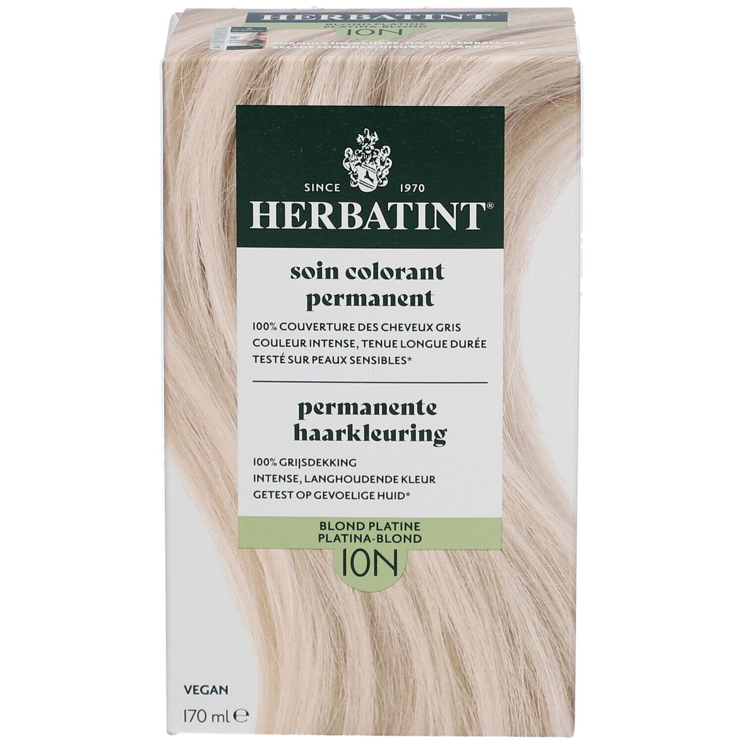 Herbatint Soin Colorant Permanent 10N Blond Platine. Boîte en carton. Cheveux blonds. Vegan.