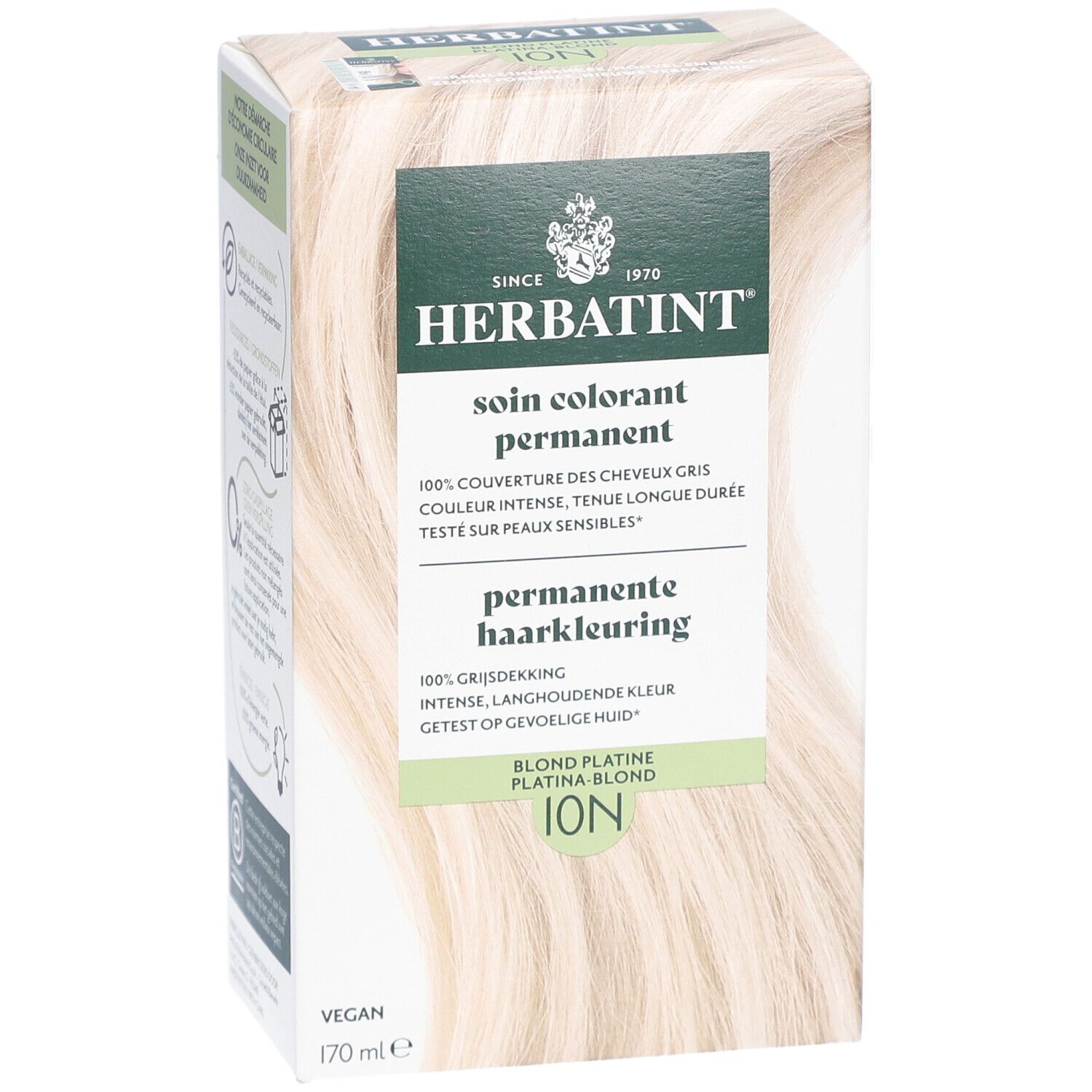 Herbatint Soin Colorant Permanent 10N Blond Platine. Boîte en carton. Cheveux blonds. Vegan.