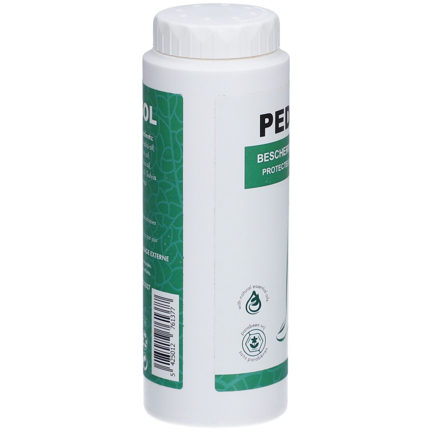 Witte fles met groen etiket. Opschrift: PEDISOL. Barcode en logo's. Zijaanzicht.