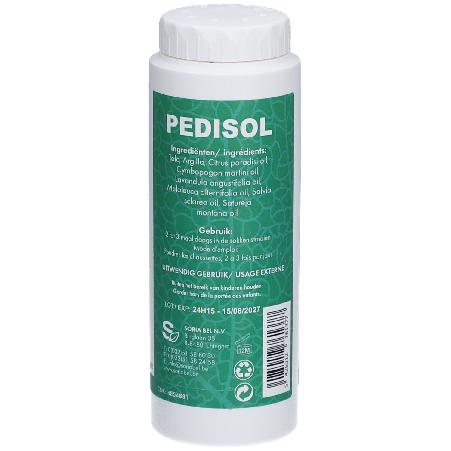 Witte fles met groen etiket. Opschrift: PEDISOL. Ingrediëntenlijst, gebruiksaanwijzing. Achteraanzicht.