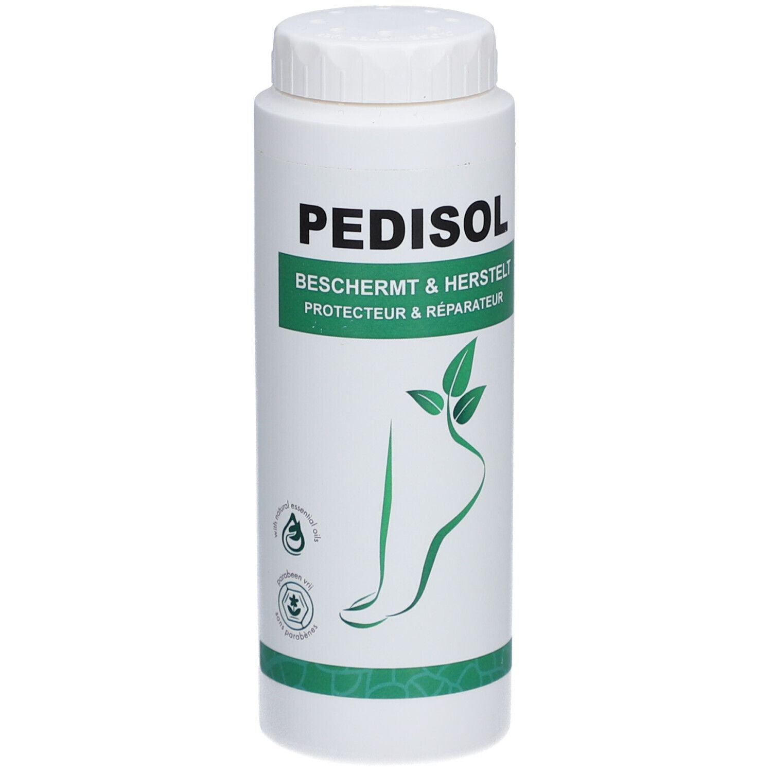 Witte fles met groen etiket. Opschrift: PEDISOL, BESCHERMT & HERSTELT. Voet-illustratie. Dop.