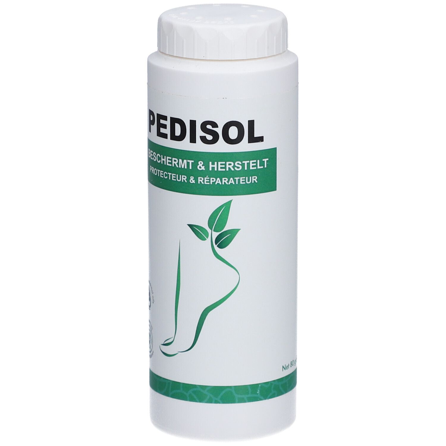 Witte fles met groen etiket. Opschrift: PEDISOL, BESCHERMT & HERSTELT. Voet-illustratie. Dop.