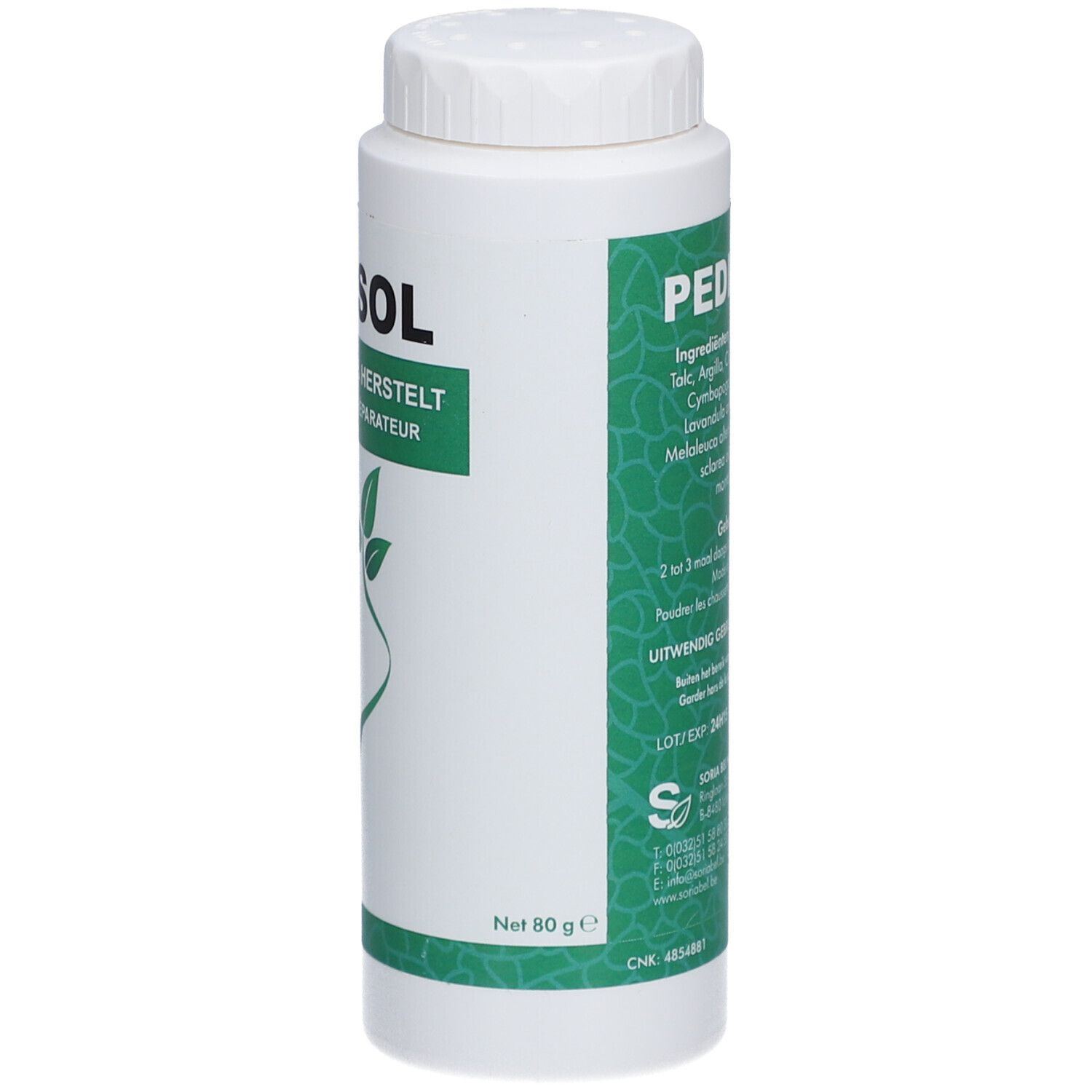 Witte fles met groen etiket. Opschrift: PEDISOL, BESCHERMT & HERSTELT. Voet-illustratie. Dop.