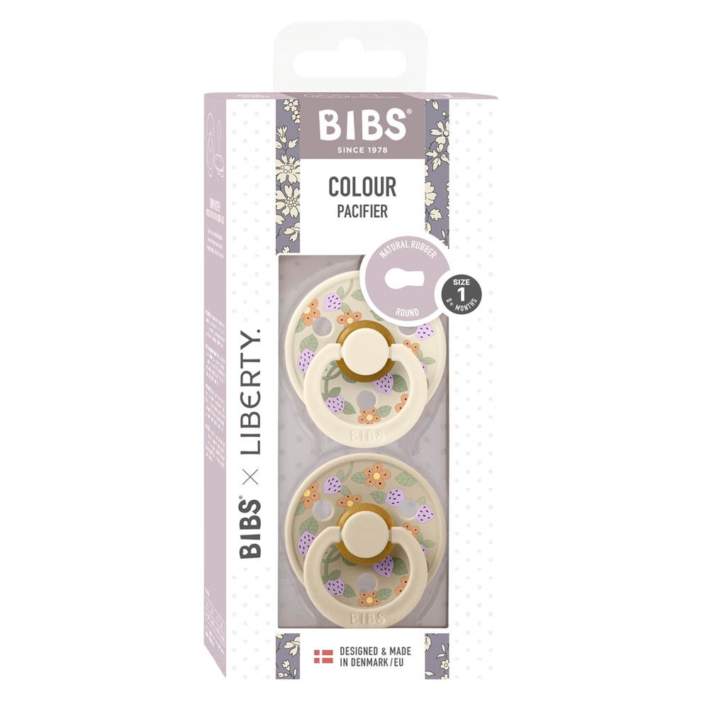 Verpackung mit zwei Schnullern. BIBS x Liberty, Farbe, Größe 1. Blumenmuster, transparente Verpackung.