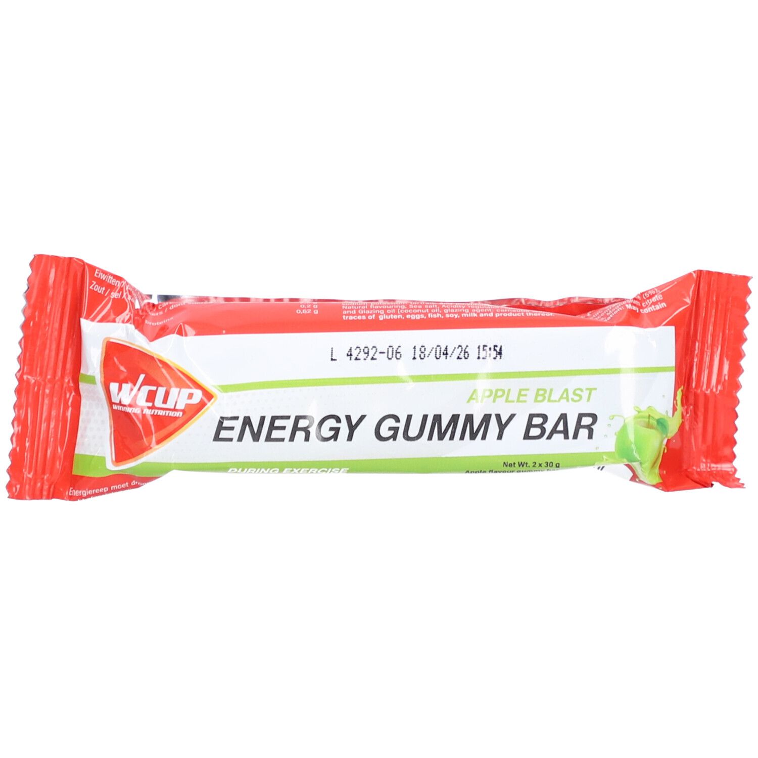 Verpackter Riegel. Text: WCUP, Energy Gummy Bar, Apple Blast. Rote und weiße Verpackung mit grünem Akzent. Apfel-Illustration.