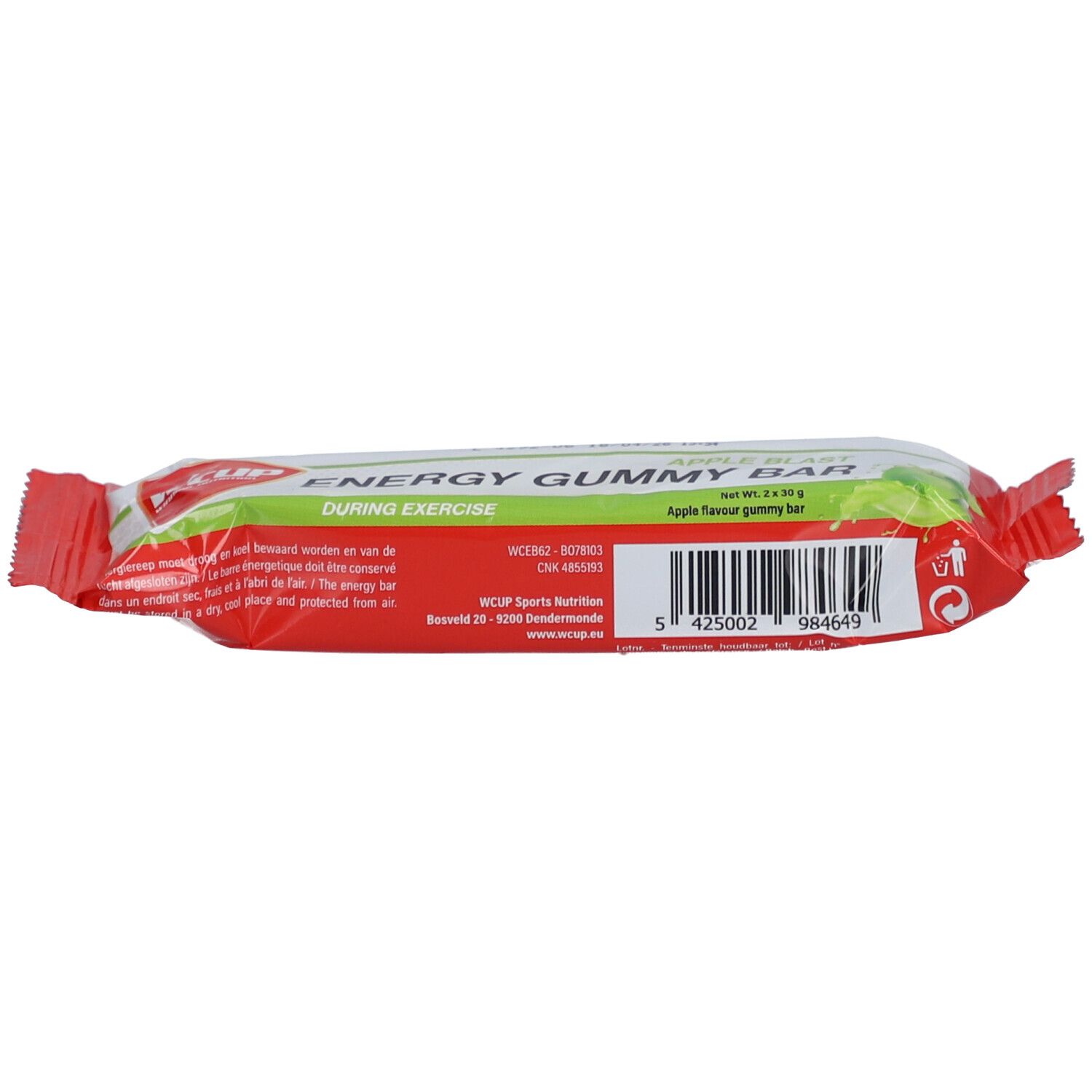 Verpackter Riegel. Text: WCUP, Energy Gummy Bar, Apple Blast. Rote und weiße Verpackung. Barcode und weitere Informationen.