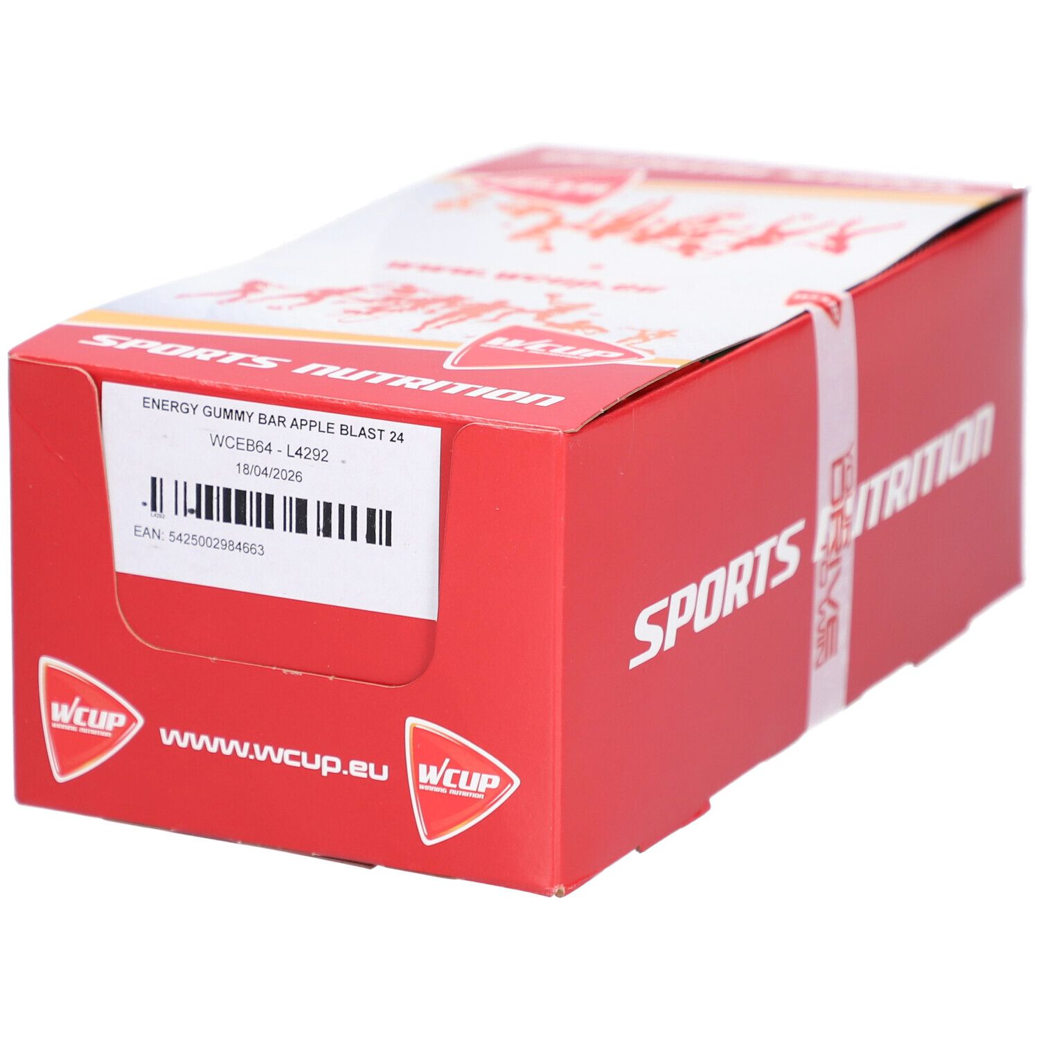 Boîte rouge avec texte blanc "SPORTS NUTRITION" et "WCUP". Contient "ENERGY GUMMY BAR APPLE BLAST". Code-barres et date.