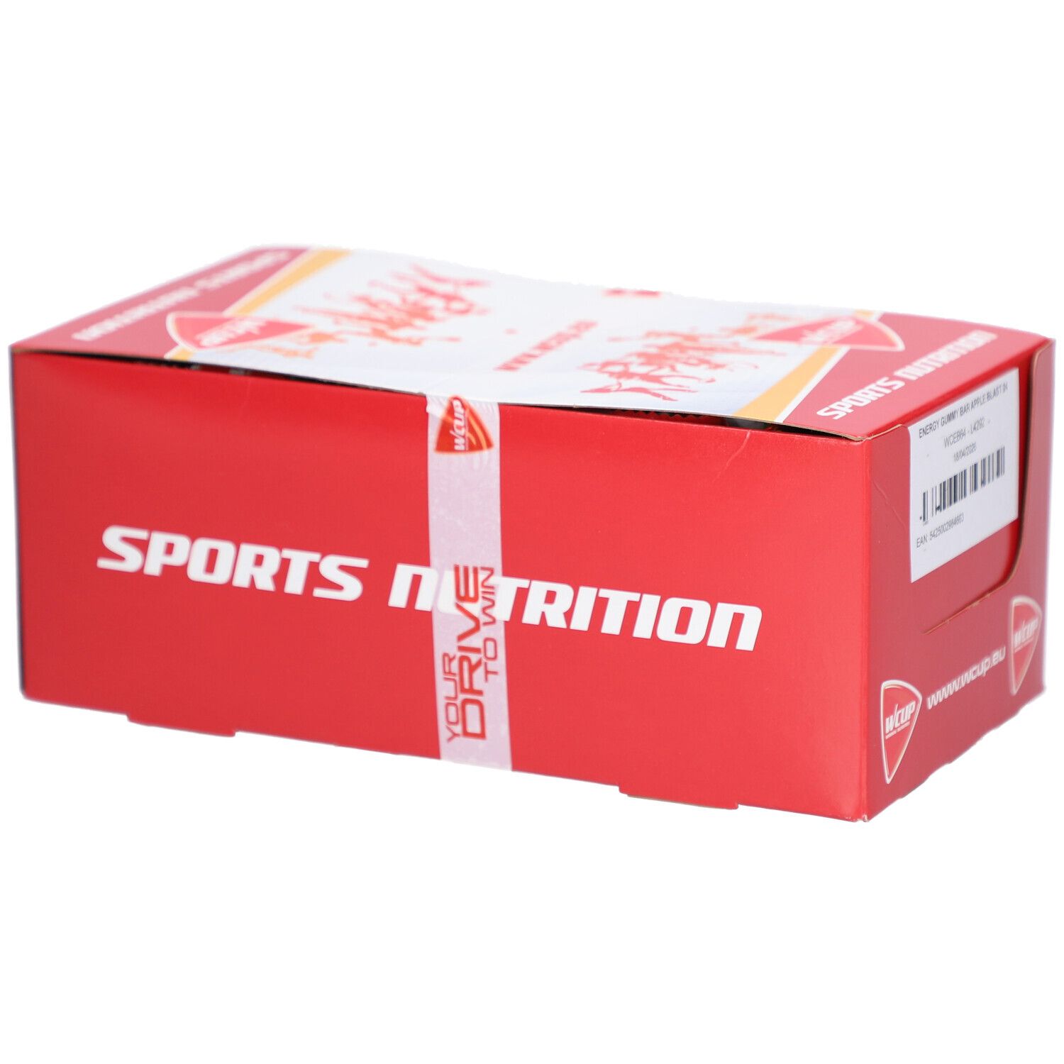 Boîte rouge avec texte blanc "SPORTS NUTRITION". Contient "ENERGY GUMMY BAR APPLE BLAST". Avec bande blanche.
