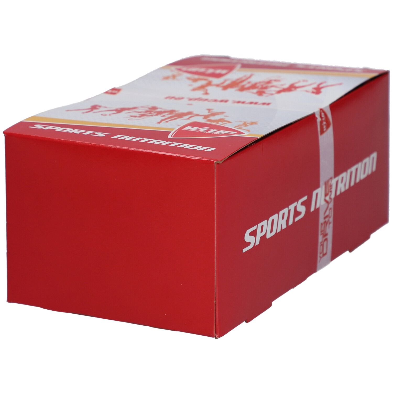 Boîte rouge avec texte blanc "SPORTS NUTRITION". Contient "ENERGY GUMMY BAR APPLE BLAST".