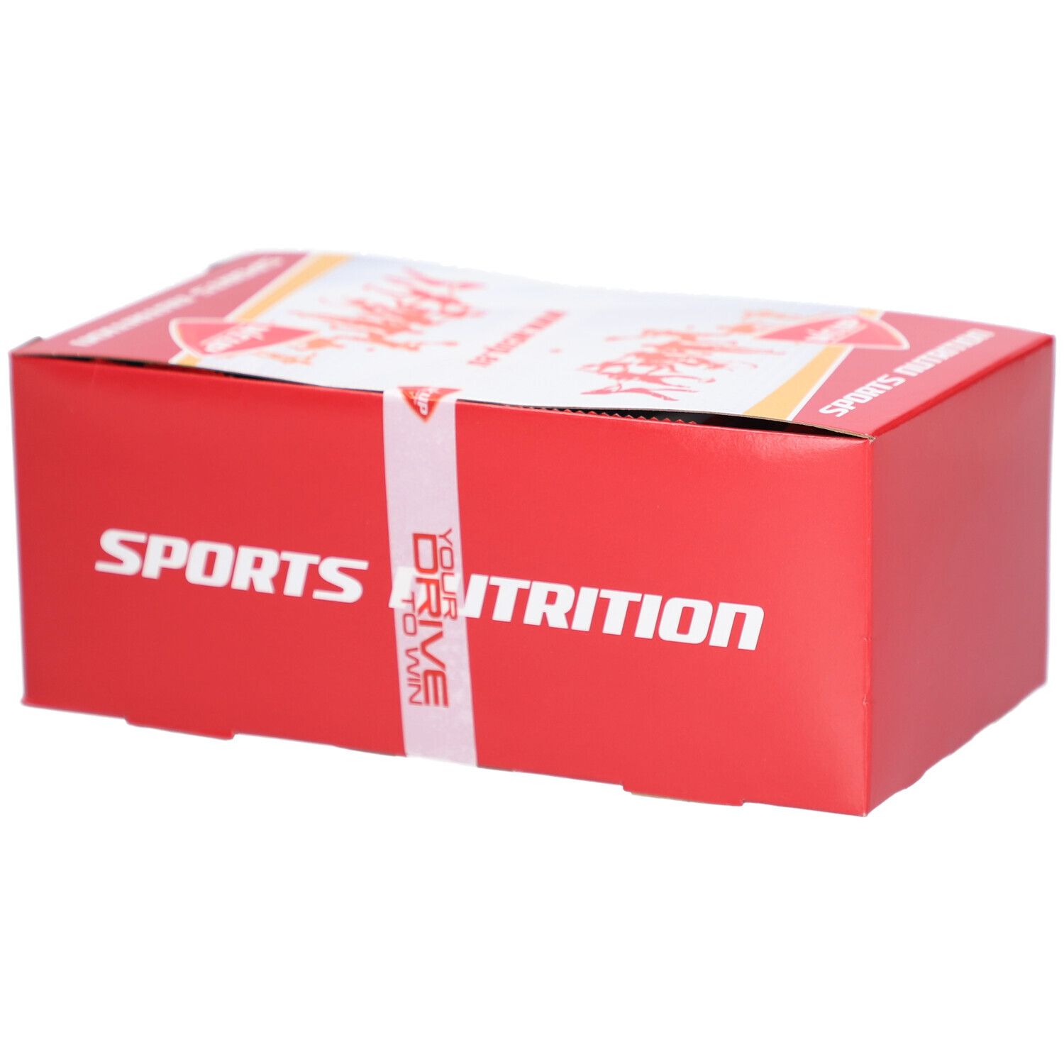 Boîte rouge avec texte blanc "SPORTS NUTRITION". Contient "ENERGY GUMMY BAR APPLE BLAST".