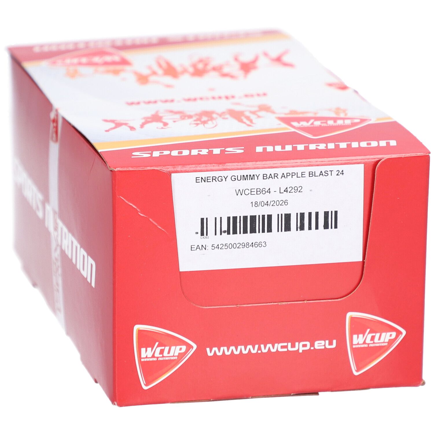 Boîte rouge avec texte blanc "SPORTS NUTRITION" et "WCUP". Contient "ENERGY GUMMY BAR APPLE BLAST".