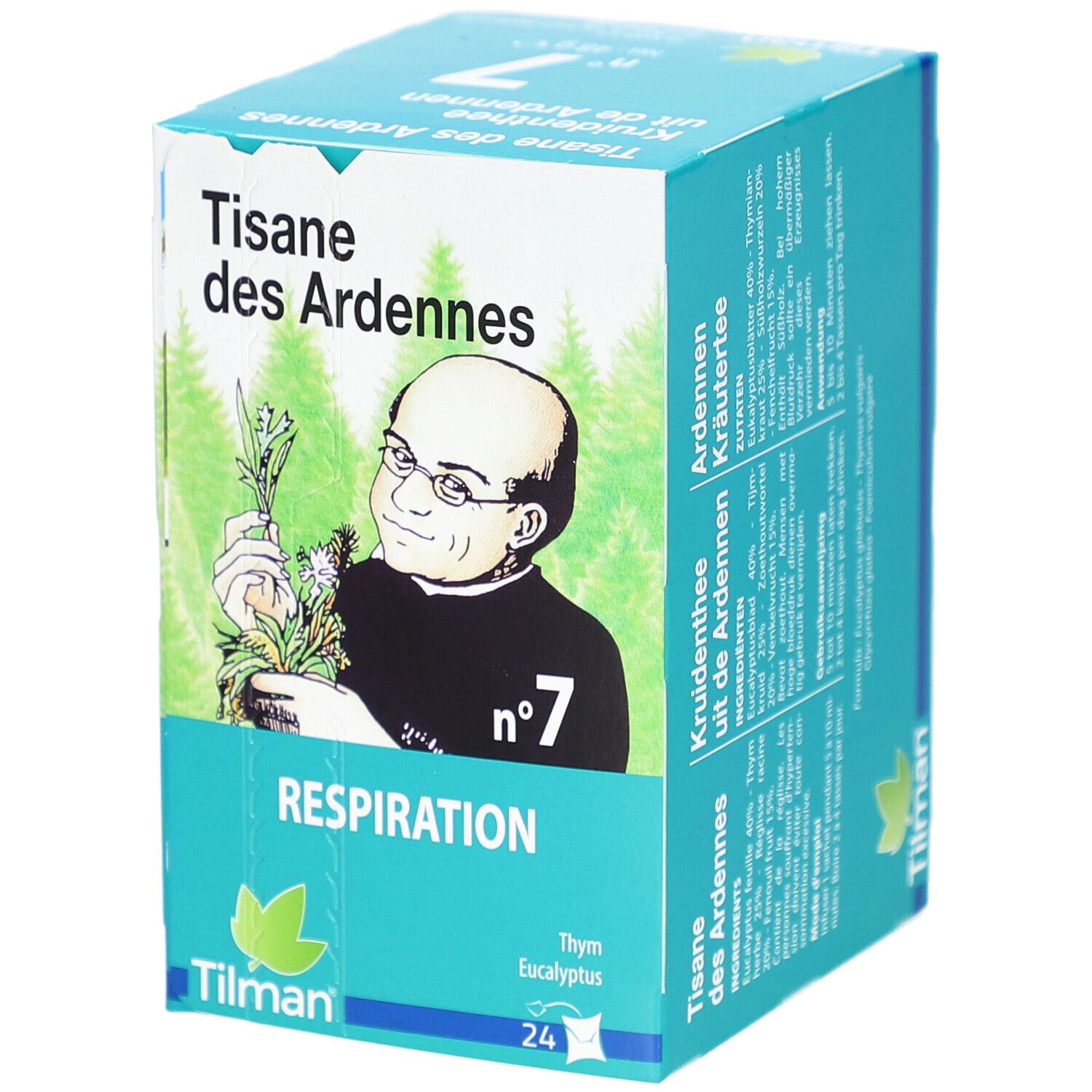Kruidenthee-Verpackung mit Text und Abbildung einer Person mit Kräutern. Text: Ademhaling, Nr. 7, Tilman, 24 Beutel.