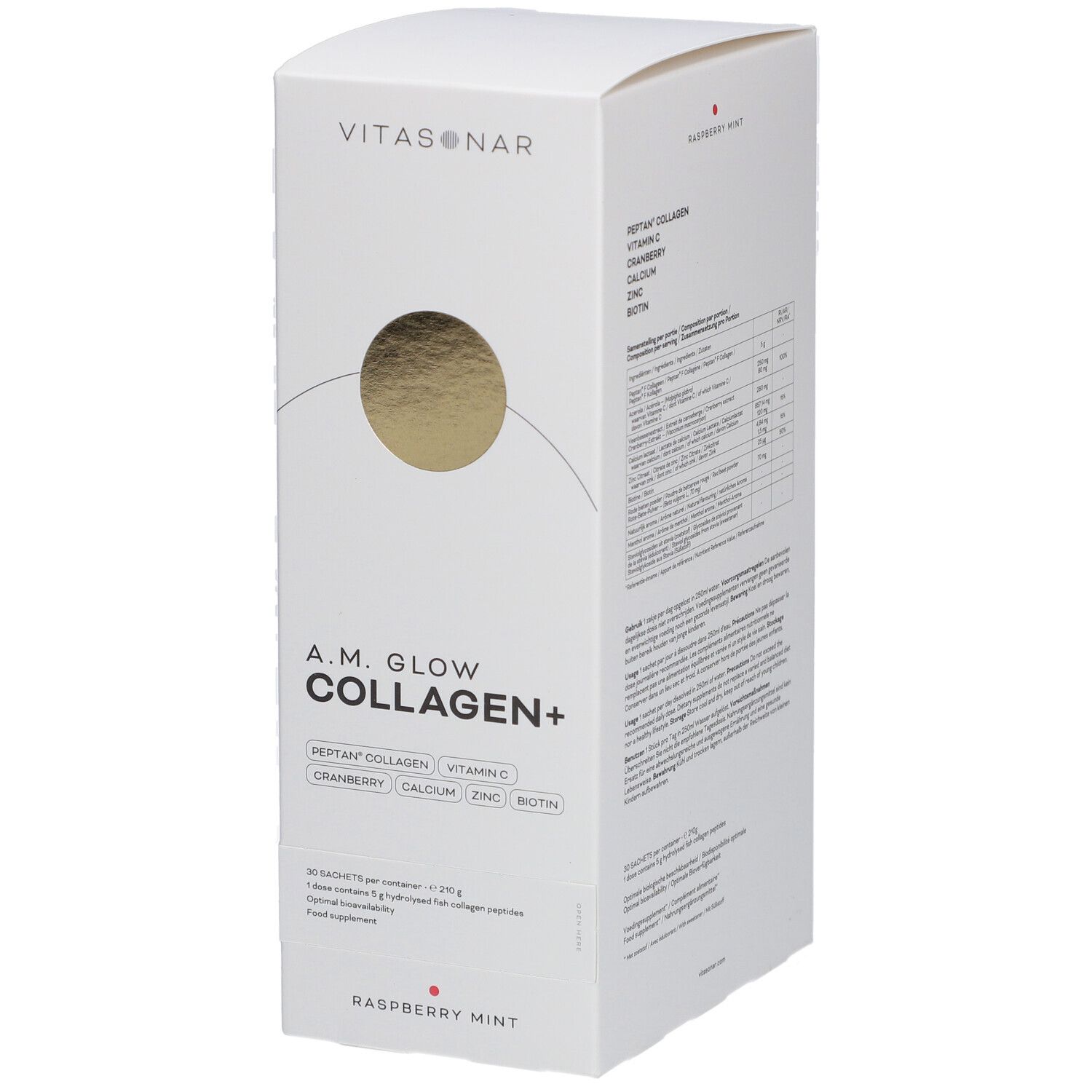 Weißer Karton mit Produktinformationen. Aufschrift: A.M. GLOW COLLAGEN+. Zutaten: Peptan Collagen, Vitamin C, Cranberry, Calcium, Zink, Biotin.