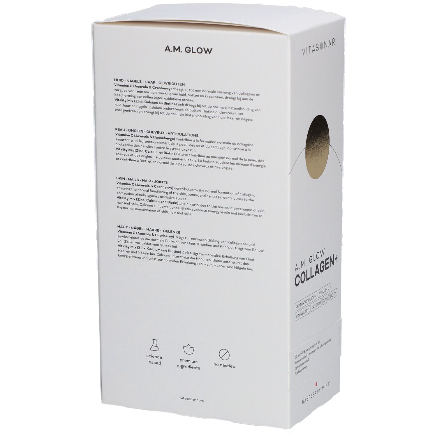 Rückseite des weißen Kartons. Text über Haut, Haare, Gelenke. Zutaten und deren Wirkung. Logos: Science based, Premium ingredients, No nasties.