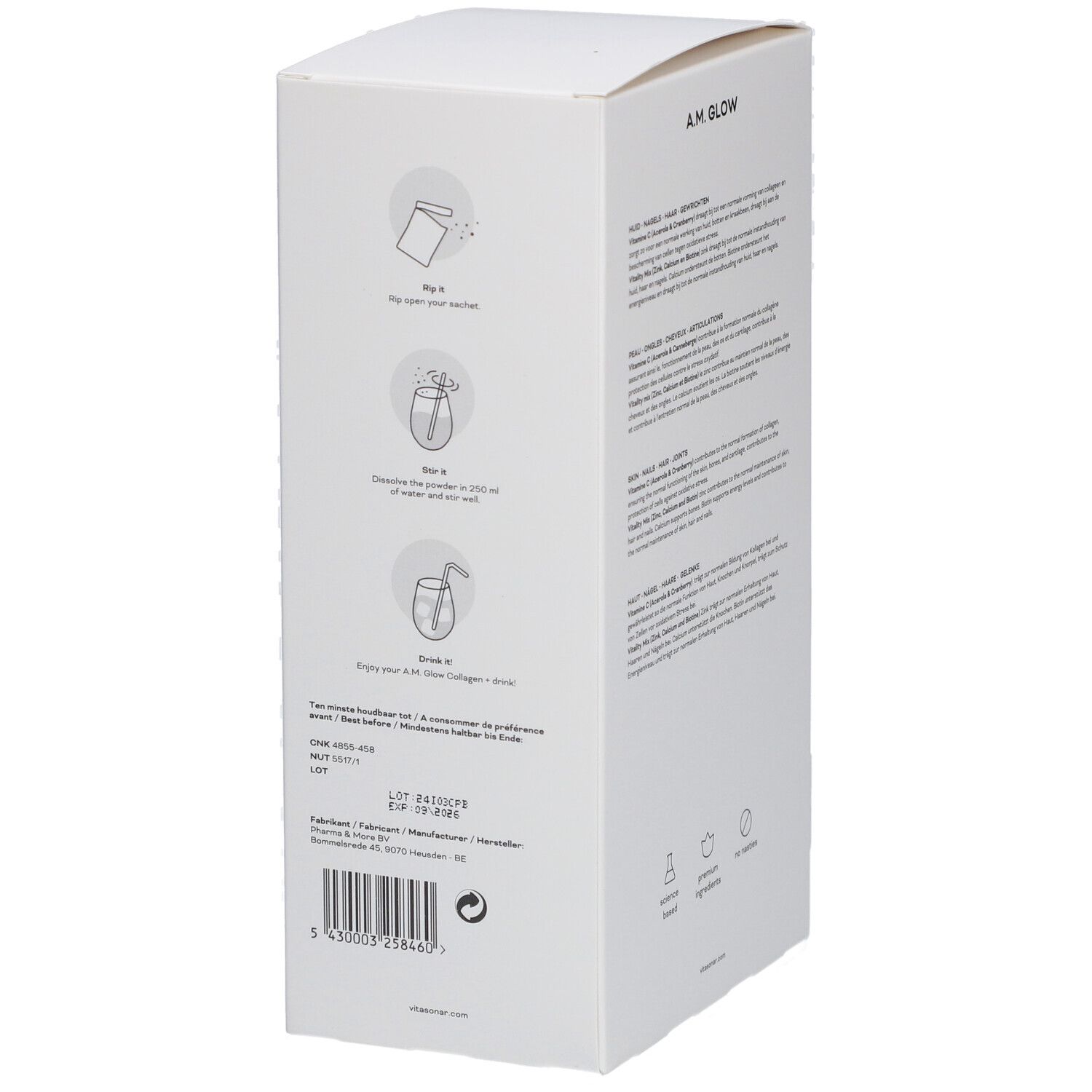 Anleitung zur Zubereitung. Beutel aufreißen, in Wasser geben, umrühren und trinken. Text: Enjoy your A.M. Glow Collagen+.