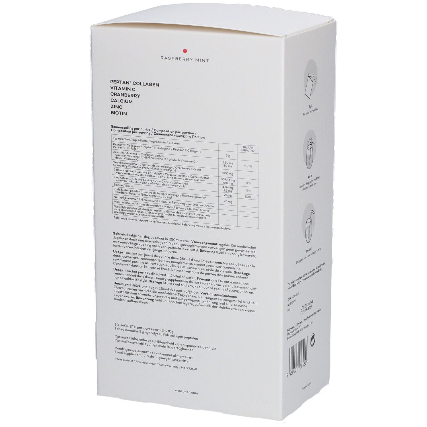 Rückseite des Kartons mit Inhaltsangaben. Zutaten: Peptan Collagen, Vitamin C, Cranberry, Calcium, Zink, Biotin. Dosierung pro Portion.