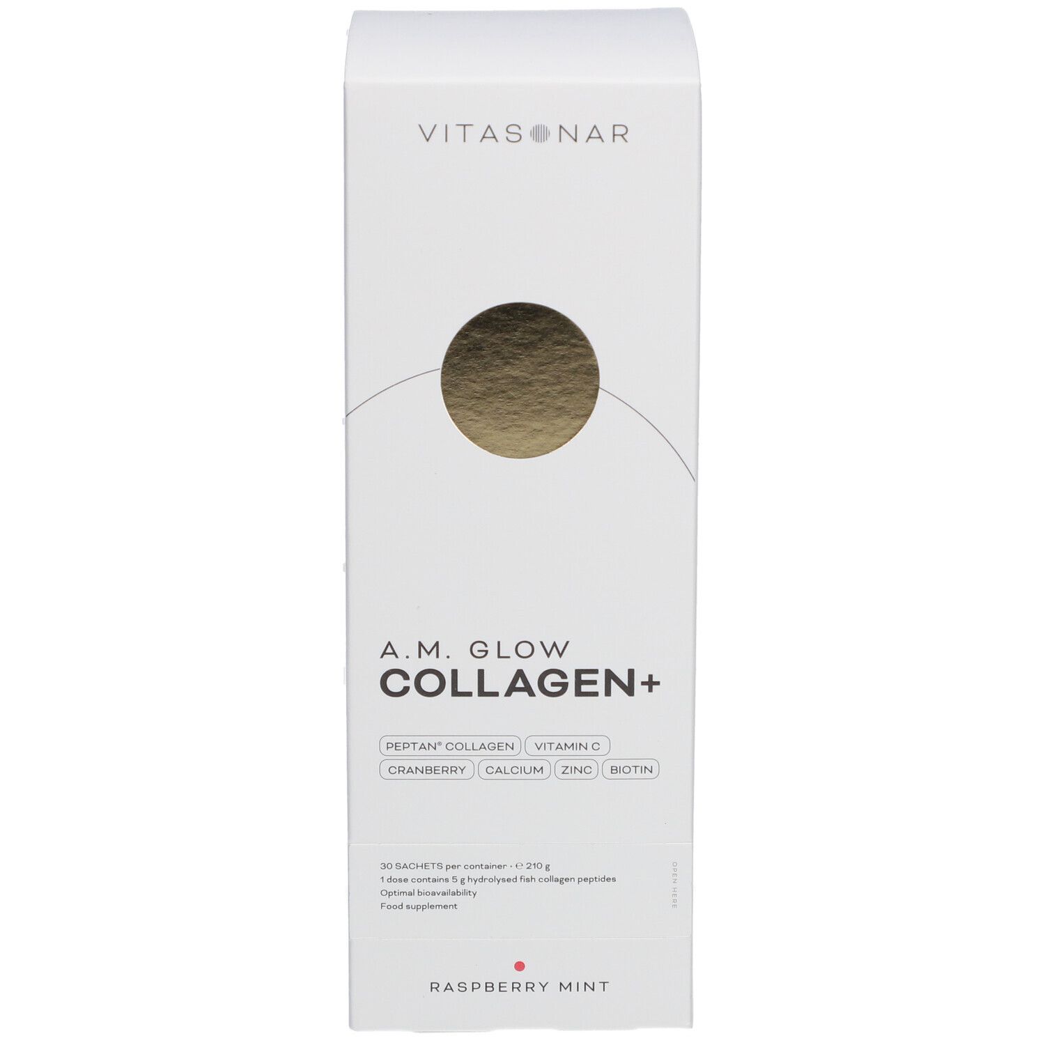 Weißer Karton mit Produktinformationen. Aufschrift: A.M. GLOW COLLAGEN+. Zutaten: Peptan Collagen, Vitamin C, Cranberry, Calcium, Zink, Biotin.