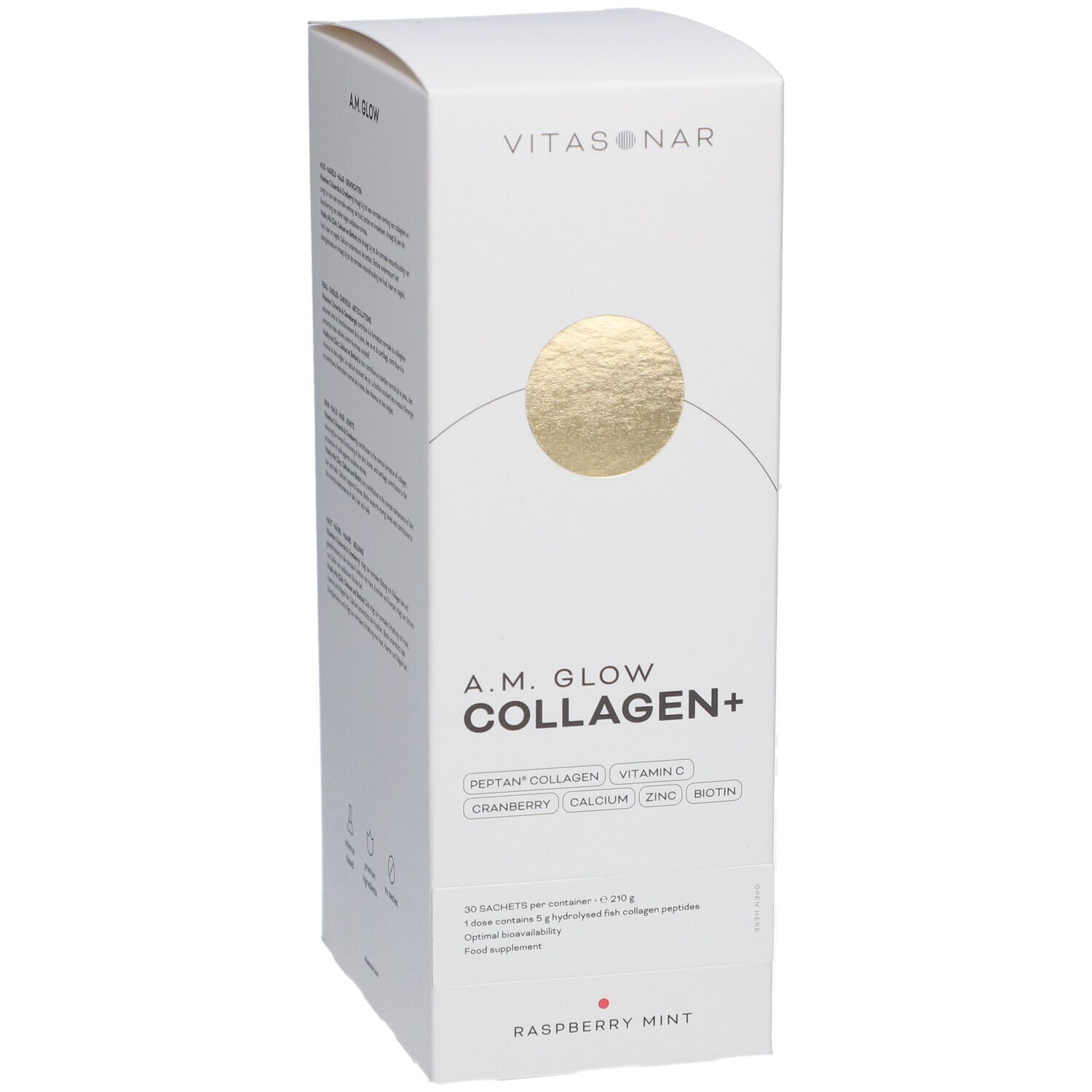 Weißer Karton mit Produktinformationen. Aufschrift: A.M. GLOW COLLAGEN+. Zutaten: Peptan Collagen, Vitamin C, Cranberry, Calcium, Zink, Biotin.