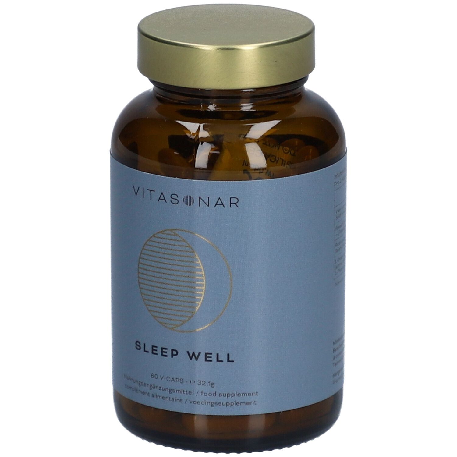 Rückseite einer braunen Glasflasche mit "SLEEP WELL" Aufschrift. Zeigt Nährwertangaben und Verfallsdatum.