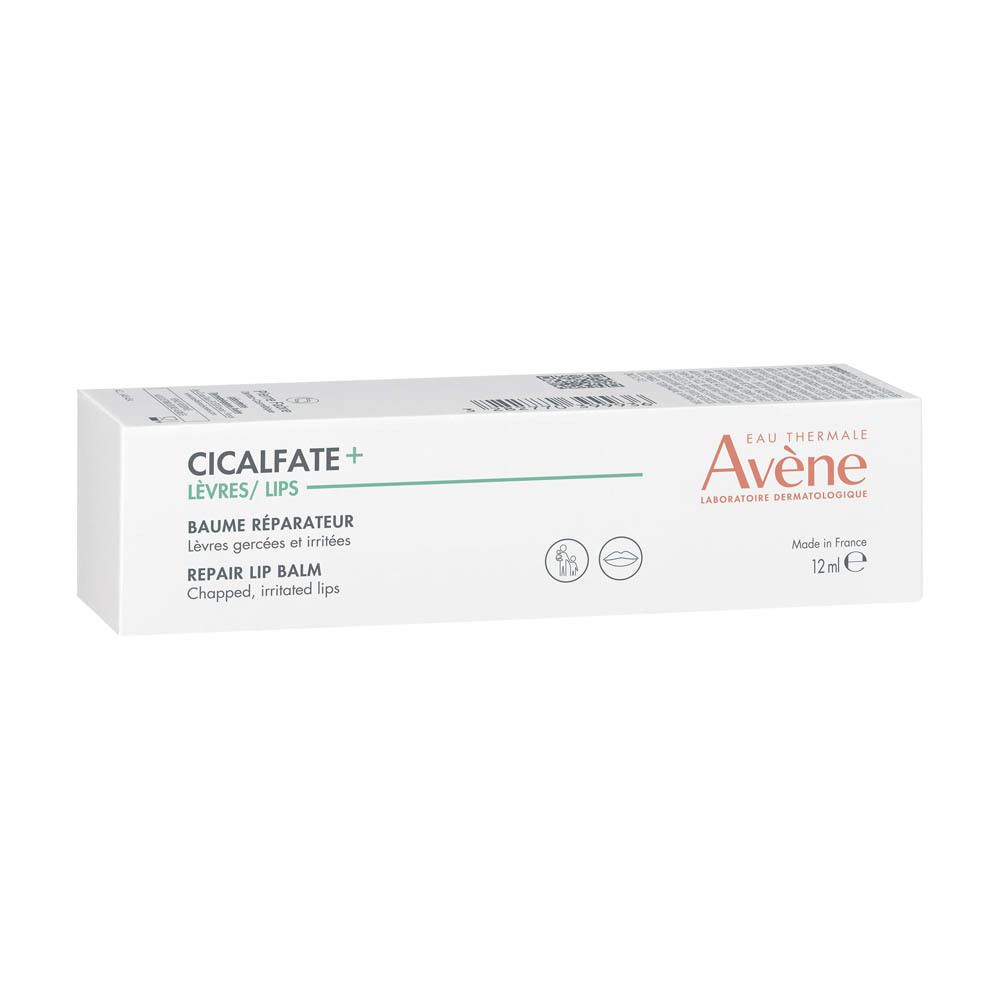 Côté de la boîte. Ingrédients, QR code, Pierre Fabre. Avène Cicalfate+ Baume lèvres.