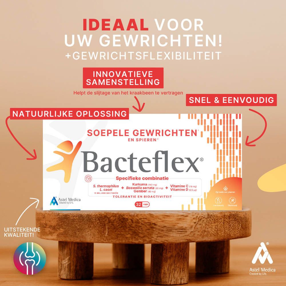 Bacteflex Forte verpakking voor gewrichten, spieren en pezen, 32 capsules.