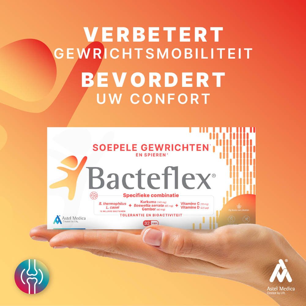 Bacteflex Forte verpakking voor gewrichten, spieren en pezen, 32 capsules, zijkant met informatie.