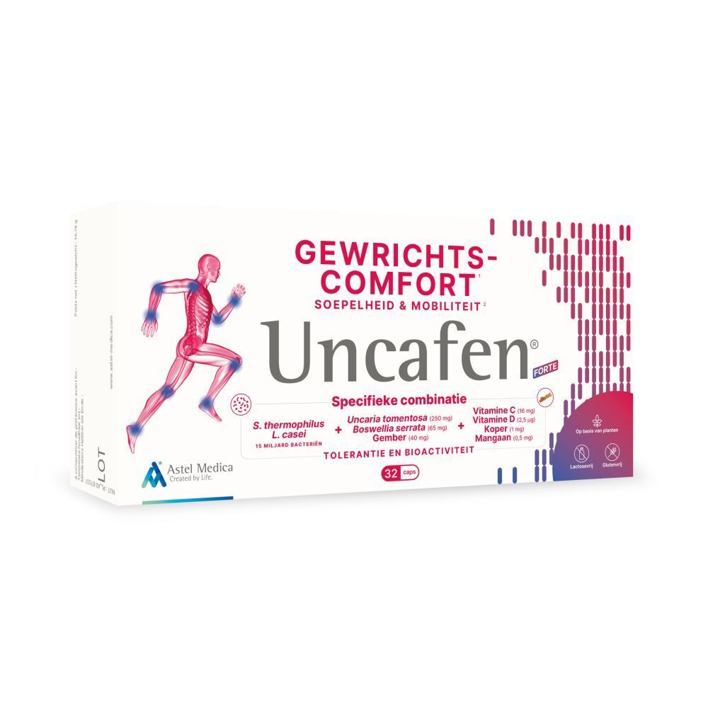 Witte doos Uncafen Forte. Opschriften: Gewrichtscomfort, 32 capsules, ingrediënten. Logo Astel Medica.